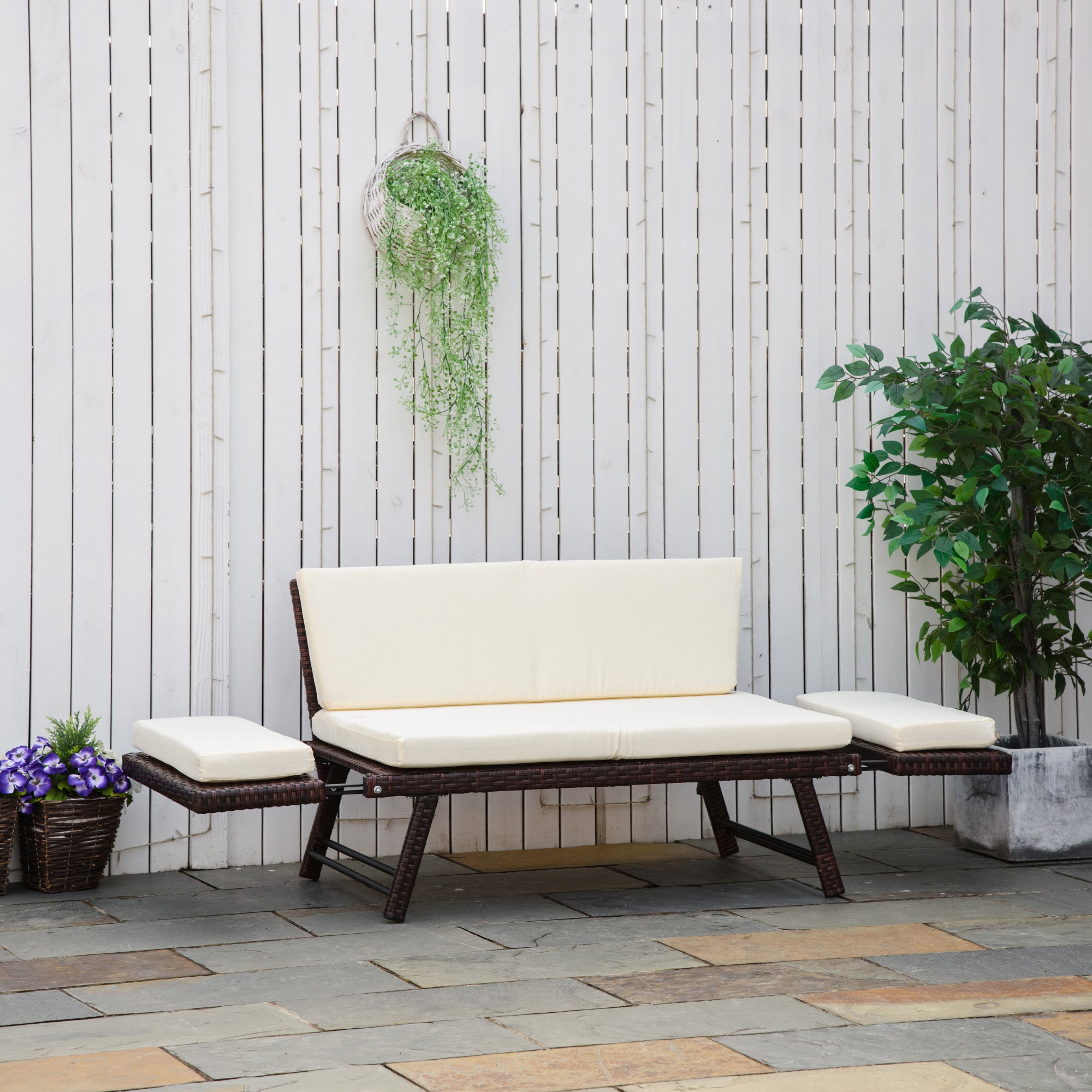 Outsunny Wicker Patio Furniture with Cushion, Outdoor PE Rattan Furniture Convertible Sofa Bed with Adjustable Armchair, Chaise Lounge Loveseat, for Deck, Backyard, Brown