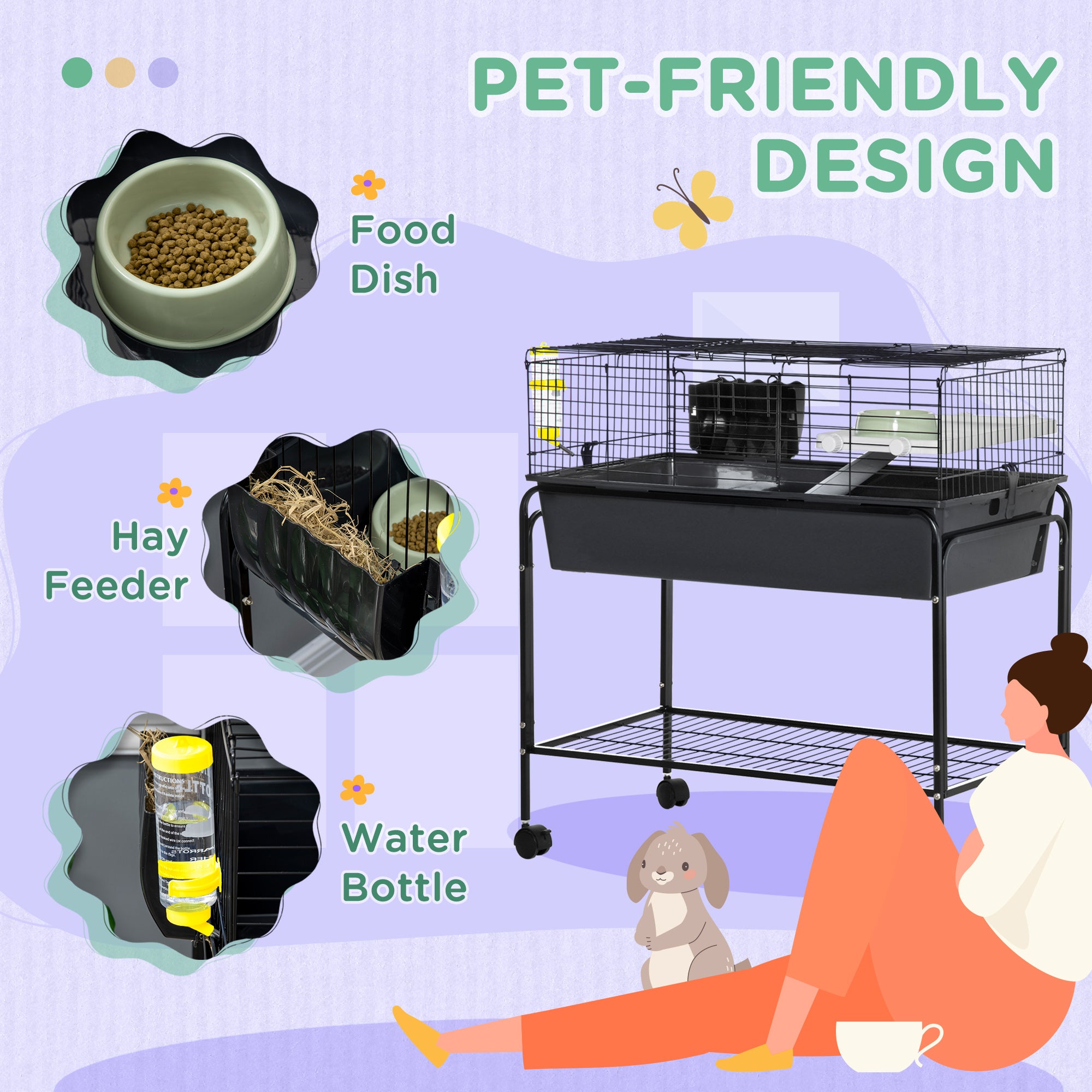 PawHut Small Animal Cage, 35" Rolling Guinea Pig Cage with Detachable Stand, Water Bottle, Food Dish, Ramp, Wheels, for Rabbit, Bunny, Ferret, Chinchilla, Dark Grey