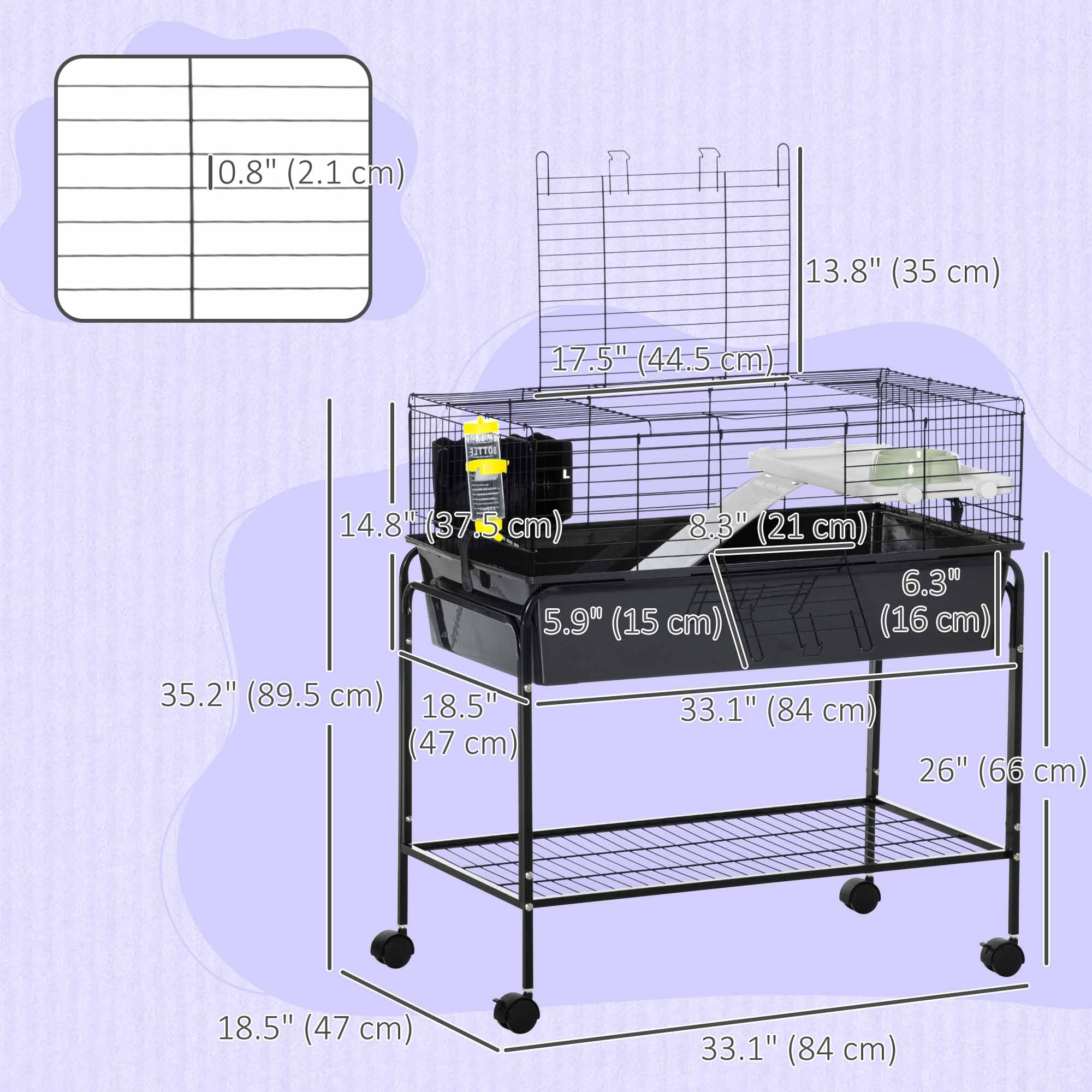 PawHut Small Animal Cage, 35" Rolling Guinea Pig Cage with Detachable Stand, Water Bottle, Food Dish, Ramp, Wheels, for Rabbit, Bunny, Ferret, Chinchilla, Dark Grey