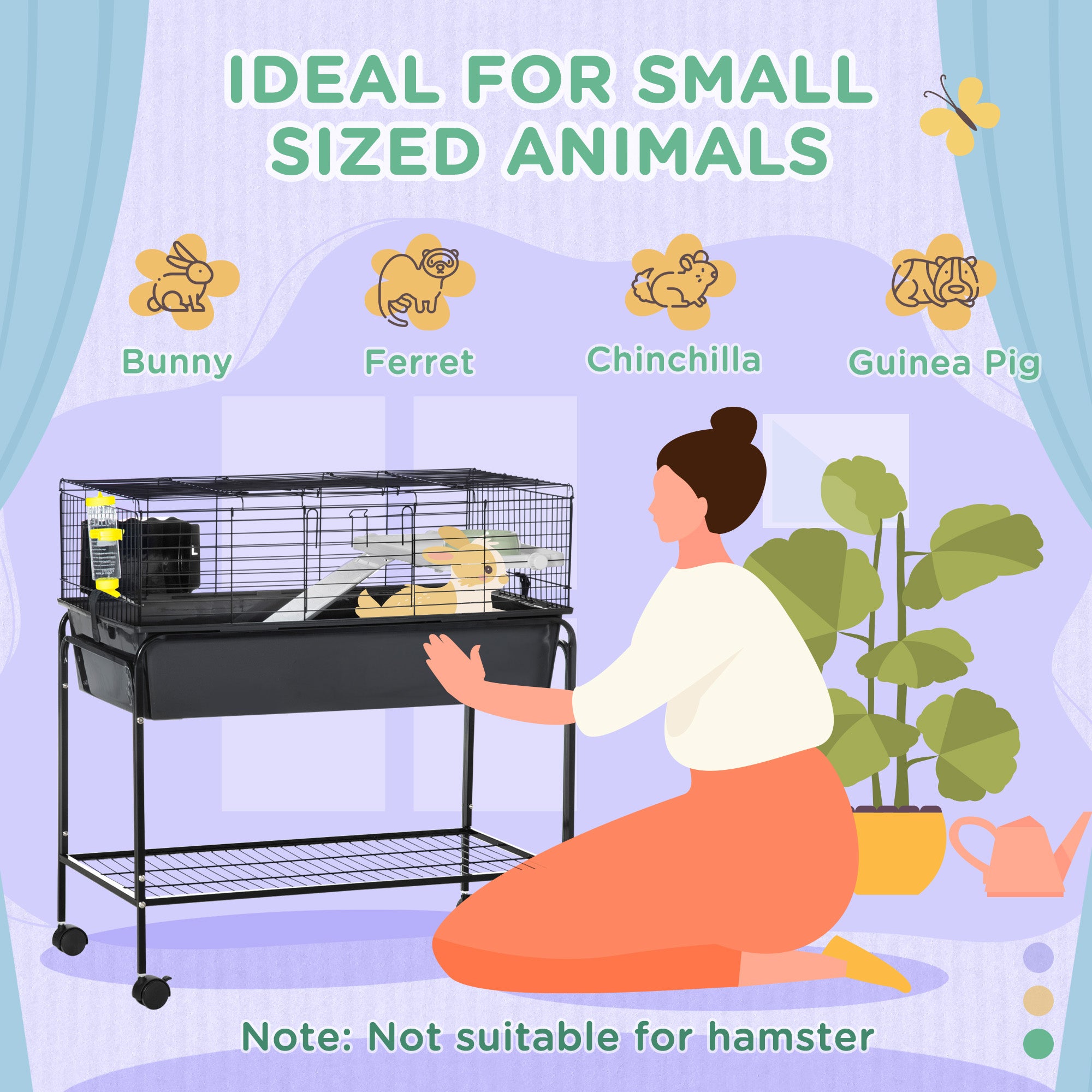 PawHut Small Animal Cage, 35" Rolling Guinea Pig Cage with Detachable Stand, Water Bottle, Food Dish, Ramp, Wheels, for Rabbit, Bunny, Ferret, Chinchilla, Dark Grey