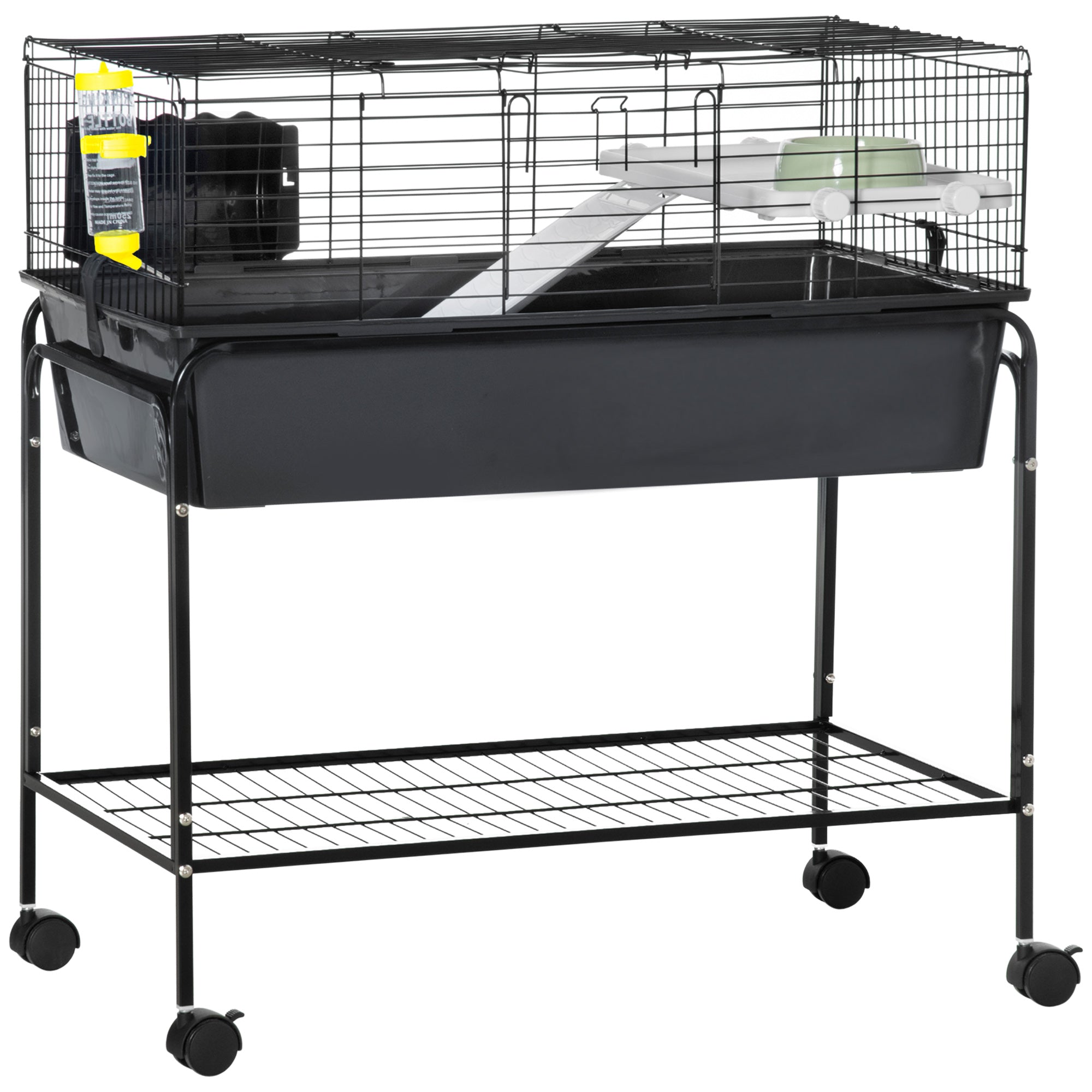 PawHut Small Animal Cage, 35" Rolling Guinea Pig Cage with Detachable Stand, Water Bottle, Food Dish, Ramp, Wheels, for Rabbit, Bunny, Ferret, Chinchilla, Dark Grey