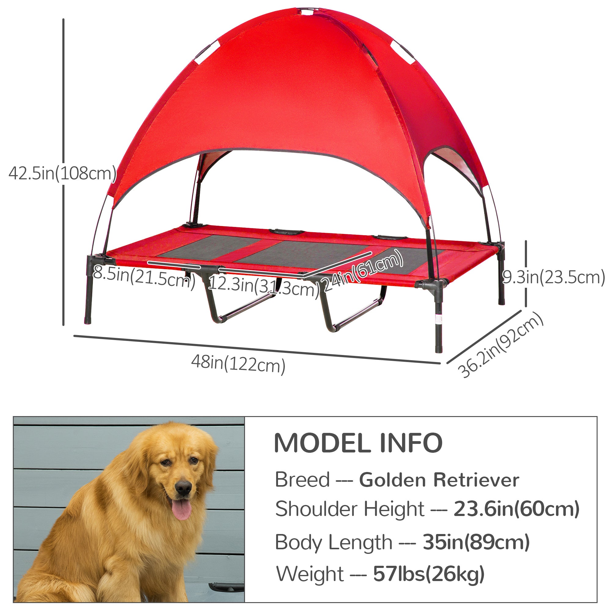 PawHut Elevated Dog Bed with Canopy, Portable Raised Dog Cot for XL Sized Dogs, Indoor & Outdoor, 48" x 36" x 43", Red