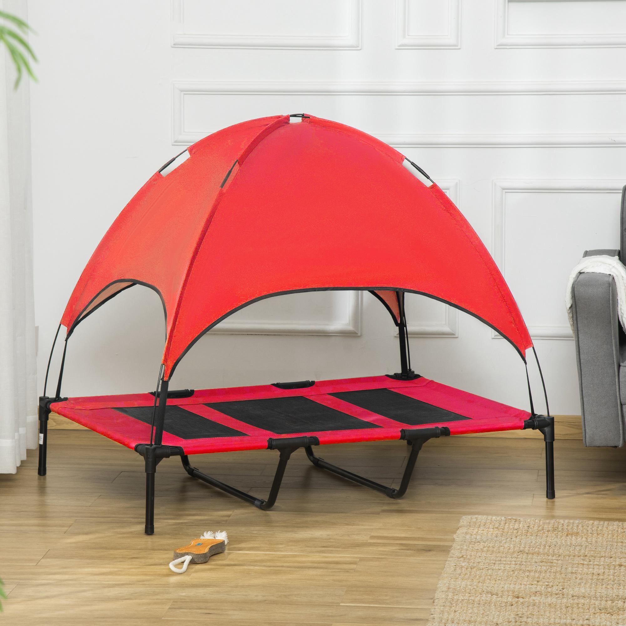 PawHut Elevated Dog Bed with Canopy, Portable Raised Dog Cot for XL Sized Dogs, Indoor & Outdoor, 48" x 36" x 43", Red