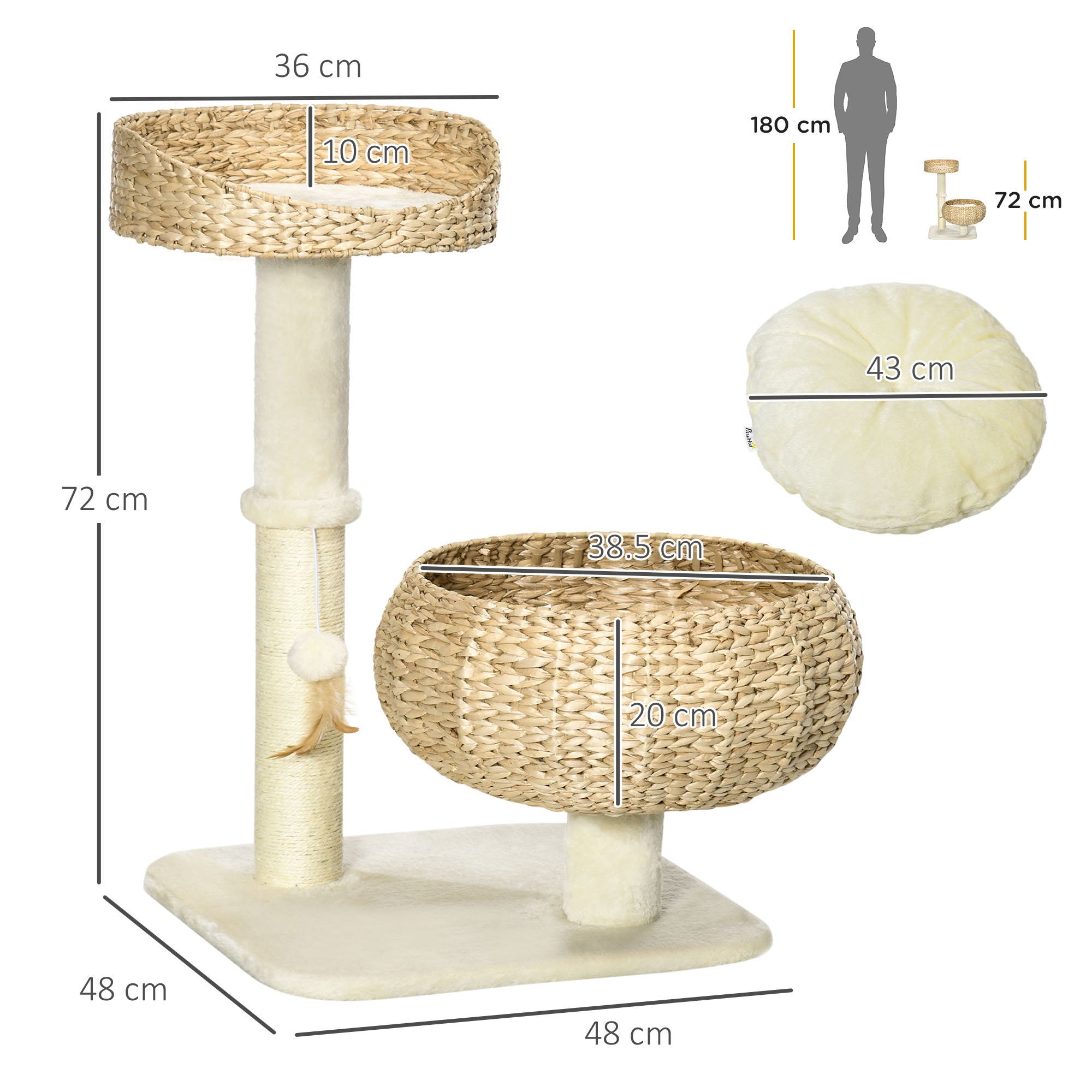 PawHut 72cm Cat Tree for Indoor Cats with 2 Beds, Kitten Tower with Scratching Post, Toy Ball - Beige