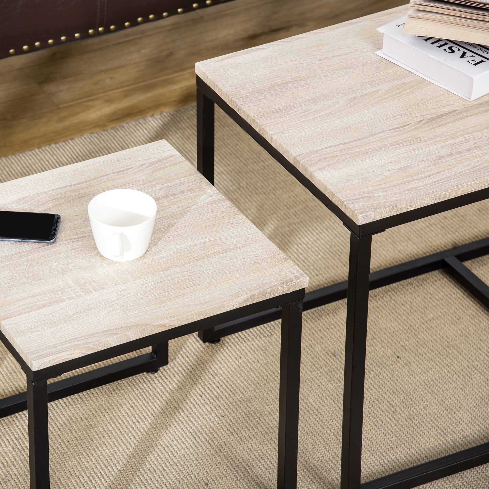 HOMCOM Nesting Coffee Table Set of 3, Modern End Tables with Black Metal Frame for Living Room Home Furniture, Natural