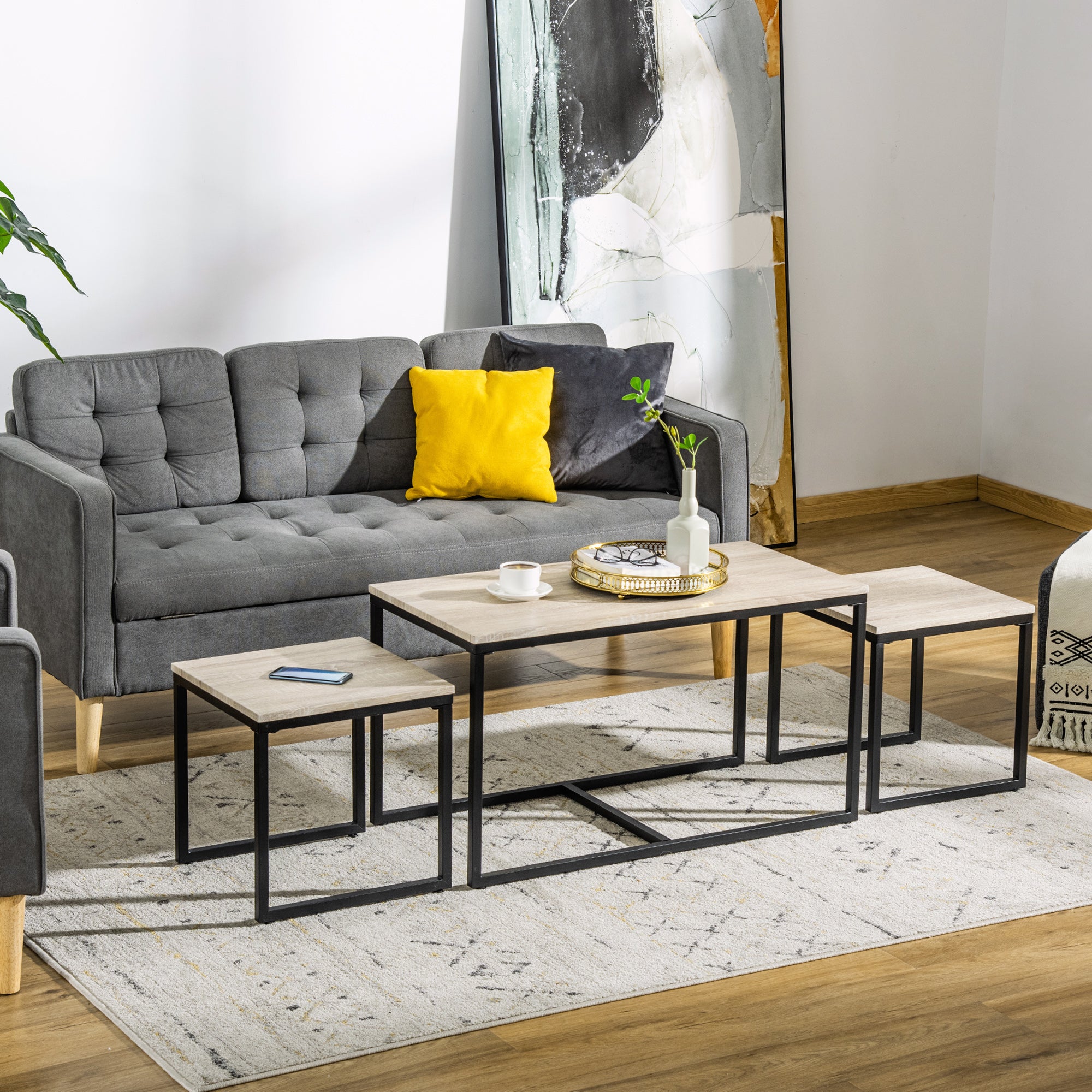 HOMCOM Nesting Coffee Table Set of 3, Modern End Tables with Black Metal Frame for Living Room Home Furniture, Natural