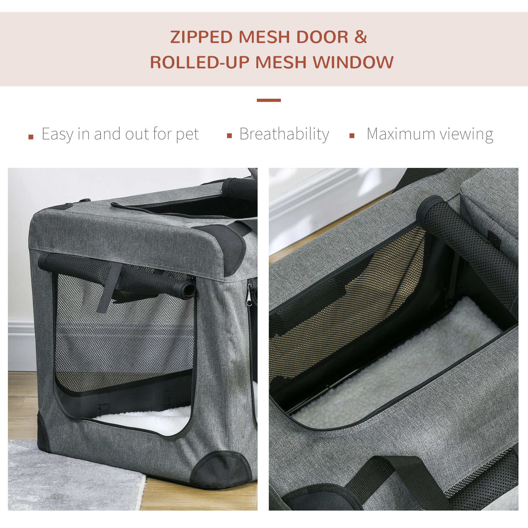 PawHut Foldable Pet Carrier for Small and Miniature Dogs, Portable Cat Carrier Soft Side Pet Travel Crate with Removable Mat, Storage Bags, Breathable Mesh 70 x 51 x 50cm - Grey