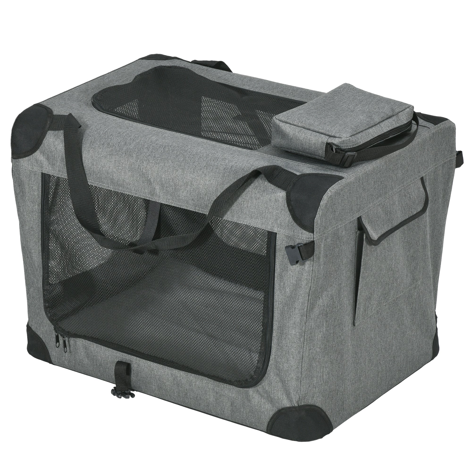 PawHut Foldable Pet Carrier for Small and Miniature Dogs, Portable Cat Carrier Soft Side Pet Travel Crate with Removable Mat, Storage Bags, Breathable Mesh 70 x 51 x 50cm - Grey