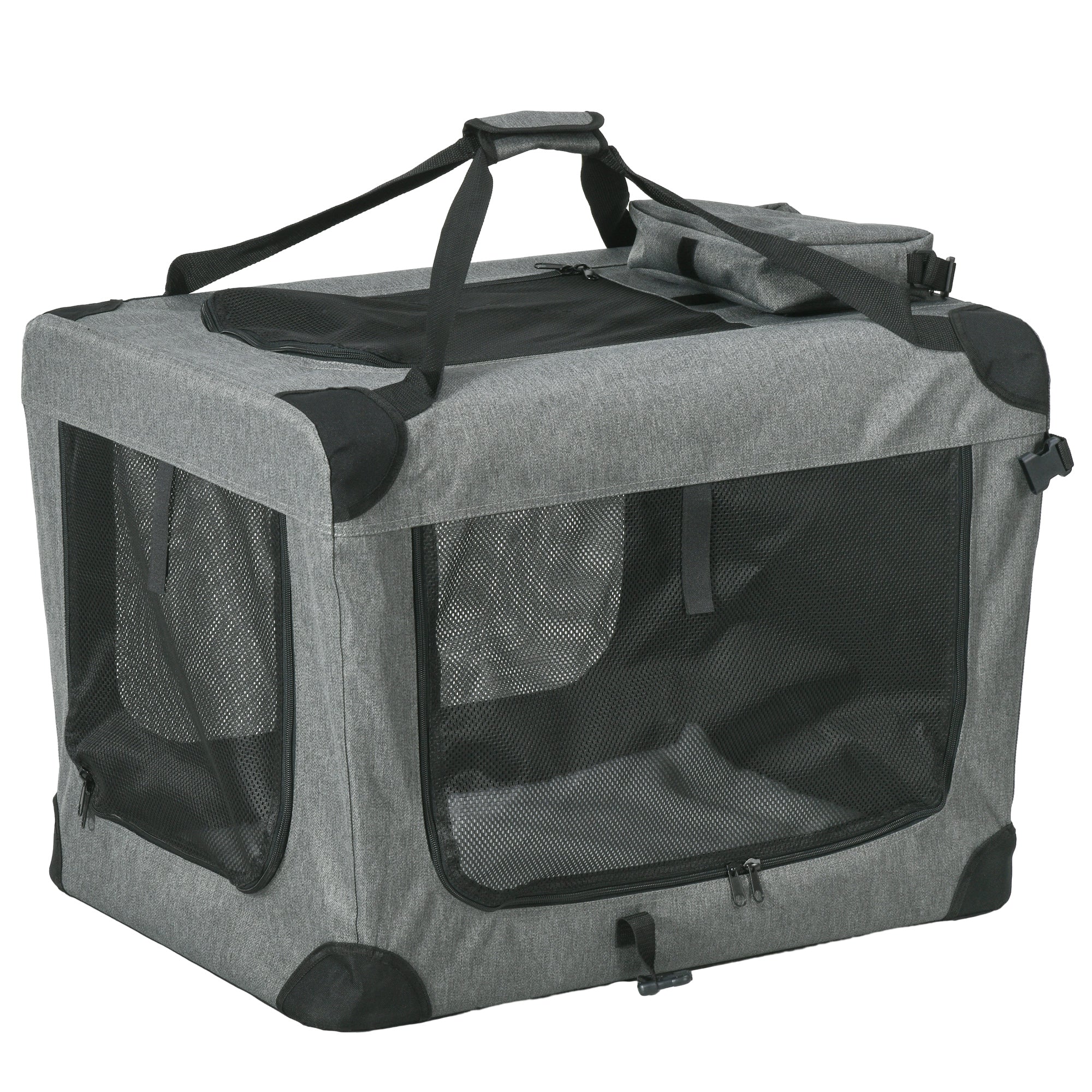 PawHut Foldable Pet Carrier for Small and Miniature Dogs, Portable Cat Carrier Soft Side Pet Travel Crate with Removable Mat, Storage Bags, Breathable Mesh 70 x 51 x 50cm - Grey