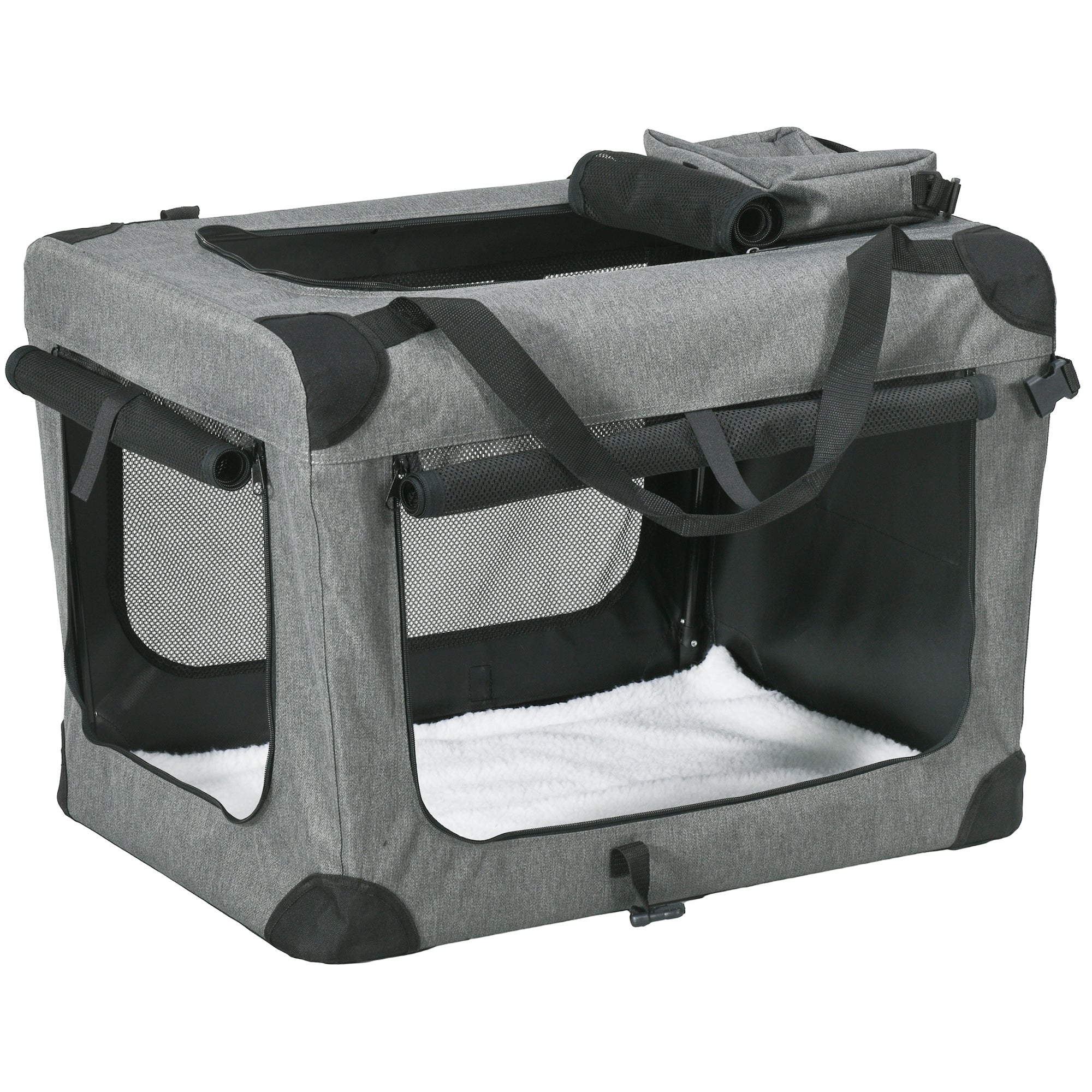 PawHut Foldable Pet Carrier for Small and Miniature Dogs, Portable Cat Carrier Soft Side Pet Travel Crate with Removable Mat, Storage Bags, Breathable Mesh 70 x 51 x 50cm - Grey