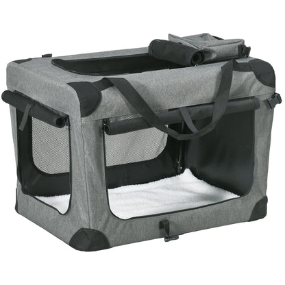 PawHut Foldable Pet Carrier for Small and Miniature Dogs, Portable Cat Carrier Soft Side Pet Travel Crate with Removable Mat, Storage Bags, Breathable Mesh 70 x 51 x 50cm - Grey