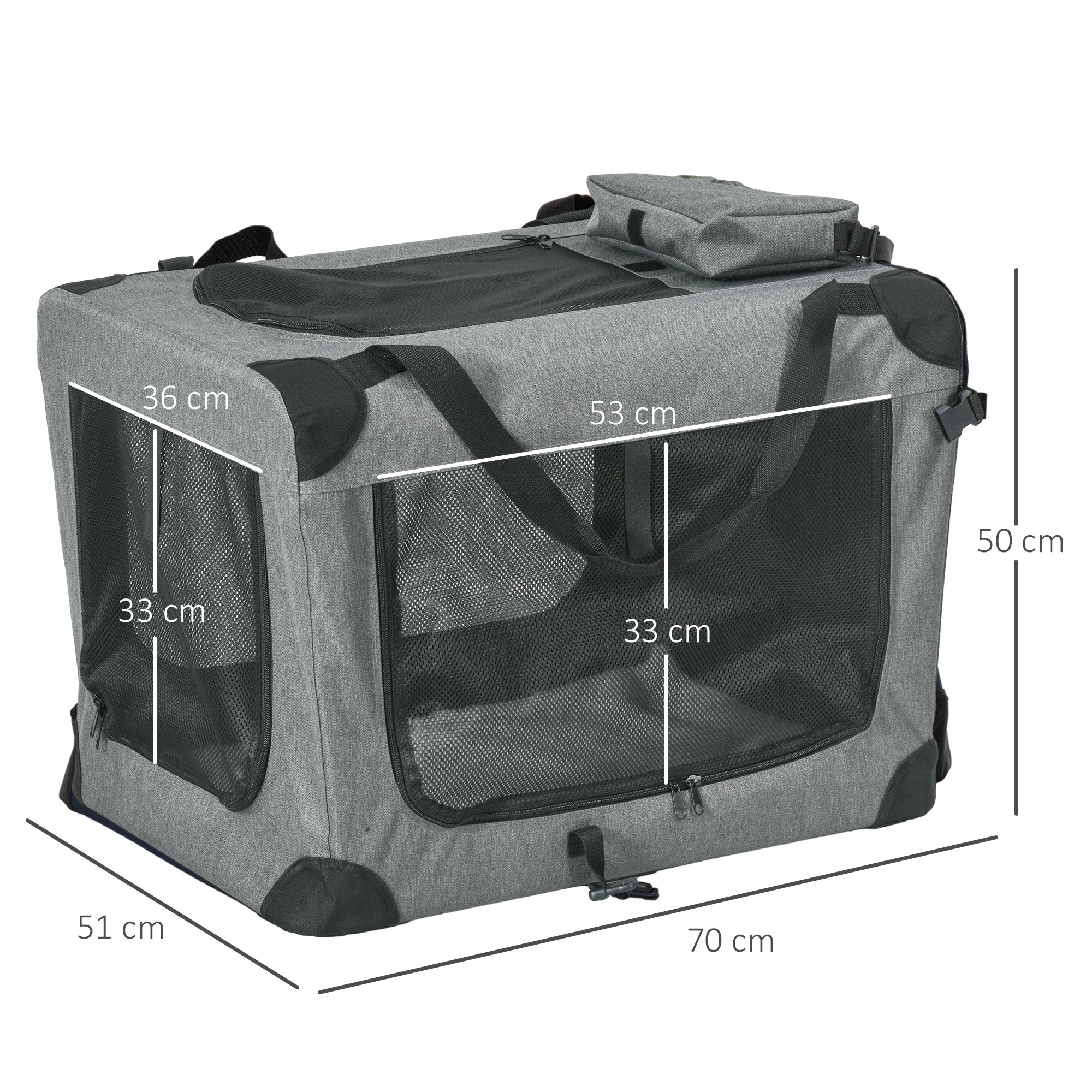 PawHut Foldable Pet Carrier for Small and Miniature Dogs, Portable Cat Carrier Soft Side Pet Travel Crate with Removable Mat, Storage Bags, Breathable Mesh 70 x 51 x 50cm - Grey