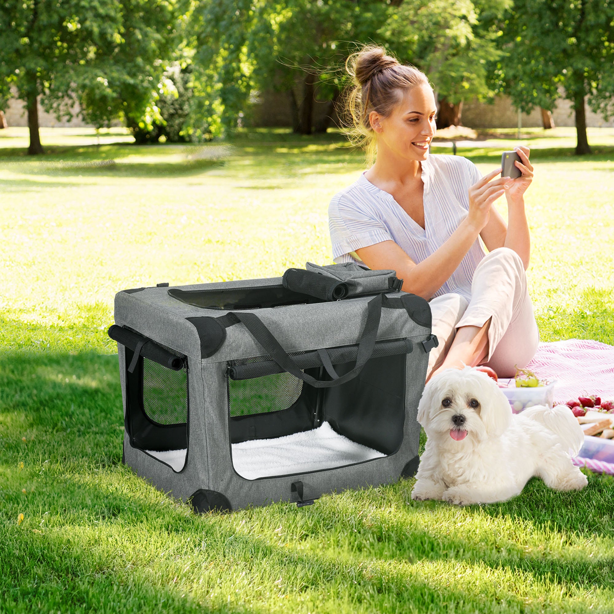 PawHut Foldable Pet Carrier for Small and Miniature Dogs, Portable Cat Carrier Soft Side Pet Travel Crate with Removable Mat, Storage Bags, Breathable Mesh 70 x 51 x 50cm - Grey