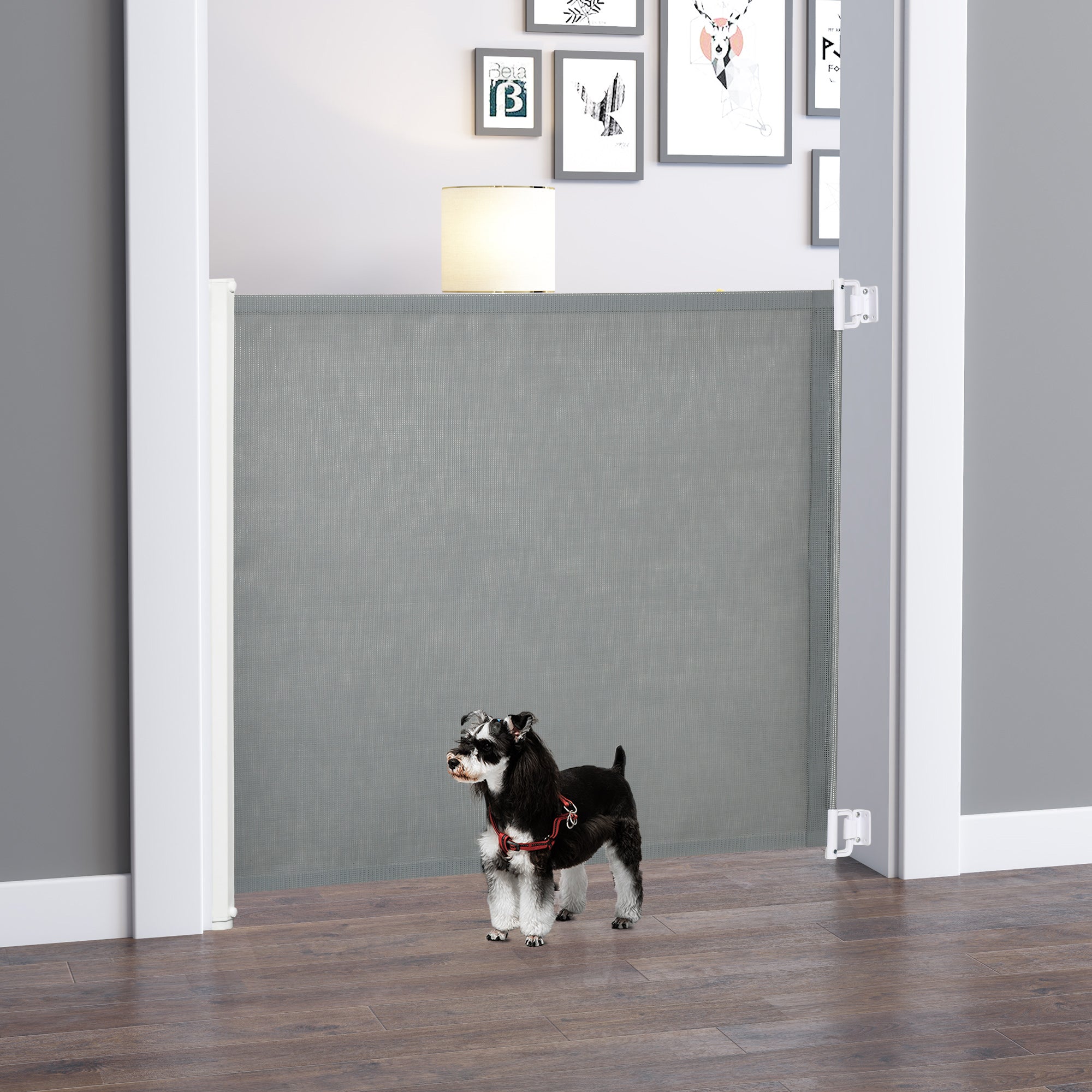 PawHut Retractable Pet Gate, 32.5" Tall, Extends to 45.3" Wide, Foldable Mesh Dog Gate for house, w/ Single Hand Operation, for Stairs, Doorways, Hallways - Grey