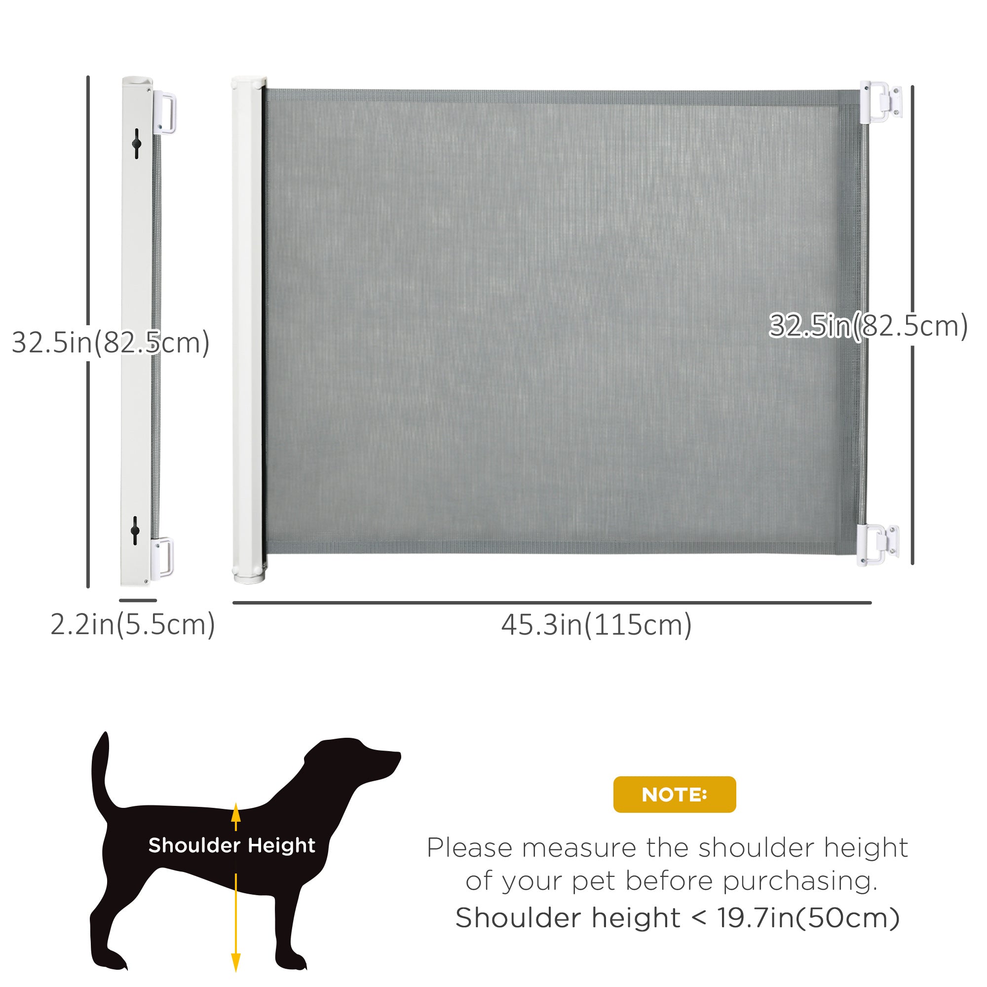 PawHut Retractable Pet Gate, 32.5" Tall, Extends to 45.3" Wide, Foldable Mesh Dog Gate for house, w/ Single Hand Operation, for Stairs, Doorways, Hallways - Grey