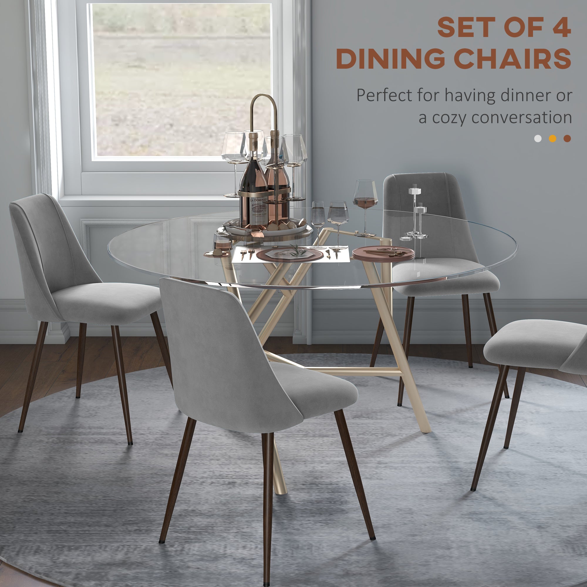 HOMCOM Dining Chairs Set of 4, Modern Kitchen Chairs with Velvet-touch Upholstery, Curved Back and Wood-grain Steel Legs, Accent Chairs for Living Room, Bedroom, Grey