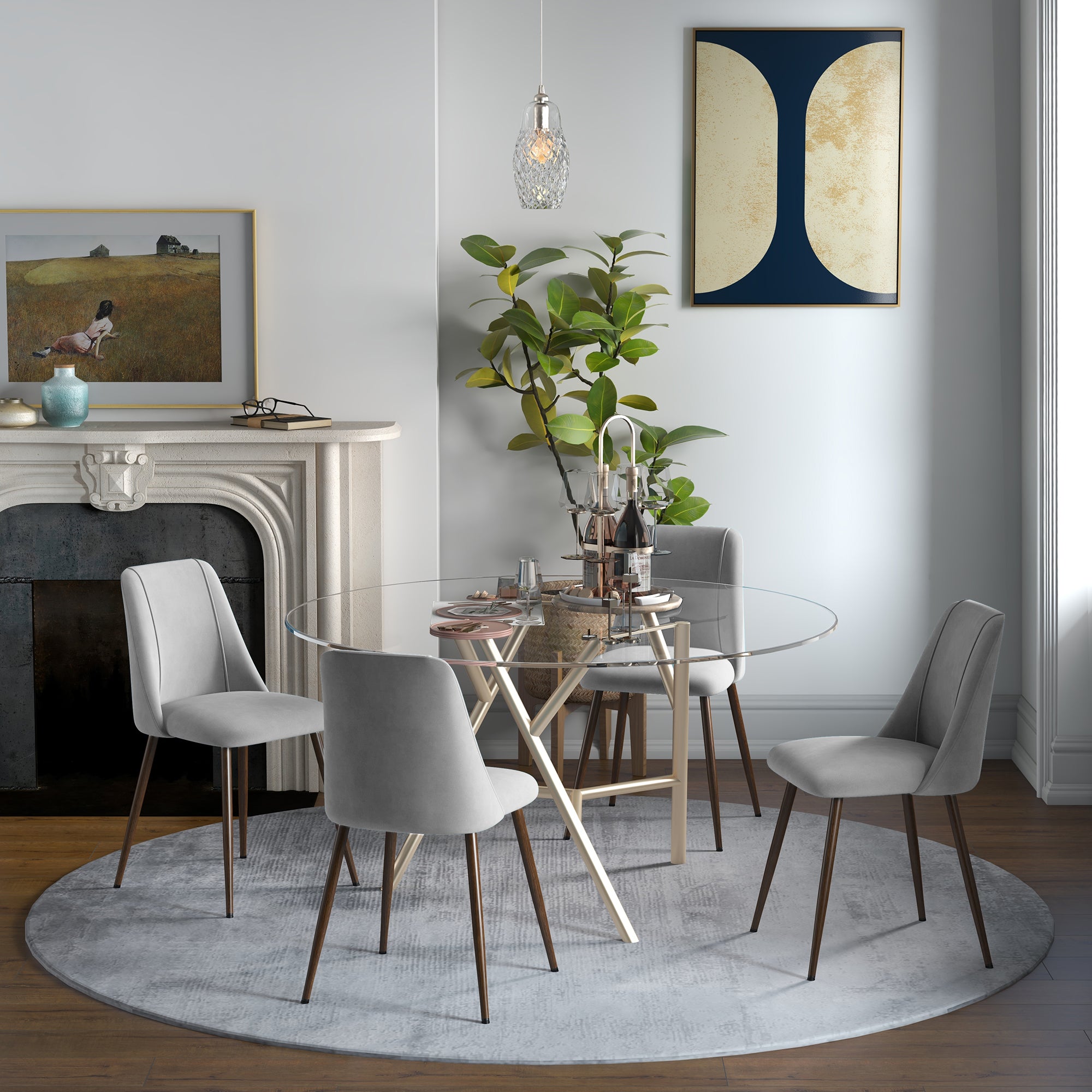 HOMCOM Dining Chairs Set of 4, Modern Kitchen Chairs with Velvet-touch Upholstery, Curved Back and Wood-grain Steel Legs, Accent Chairs for Living Room, Bedroom, Grey