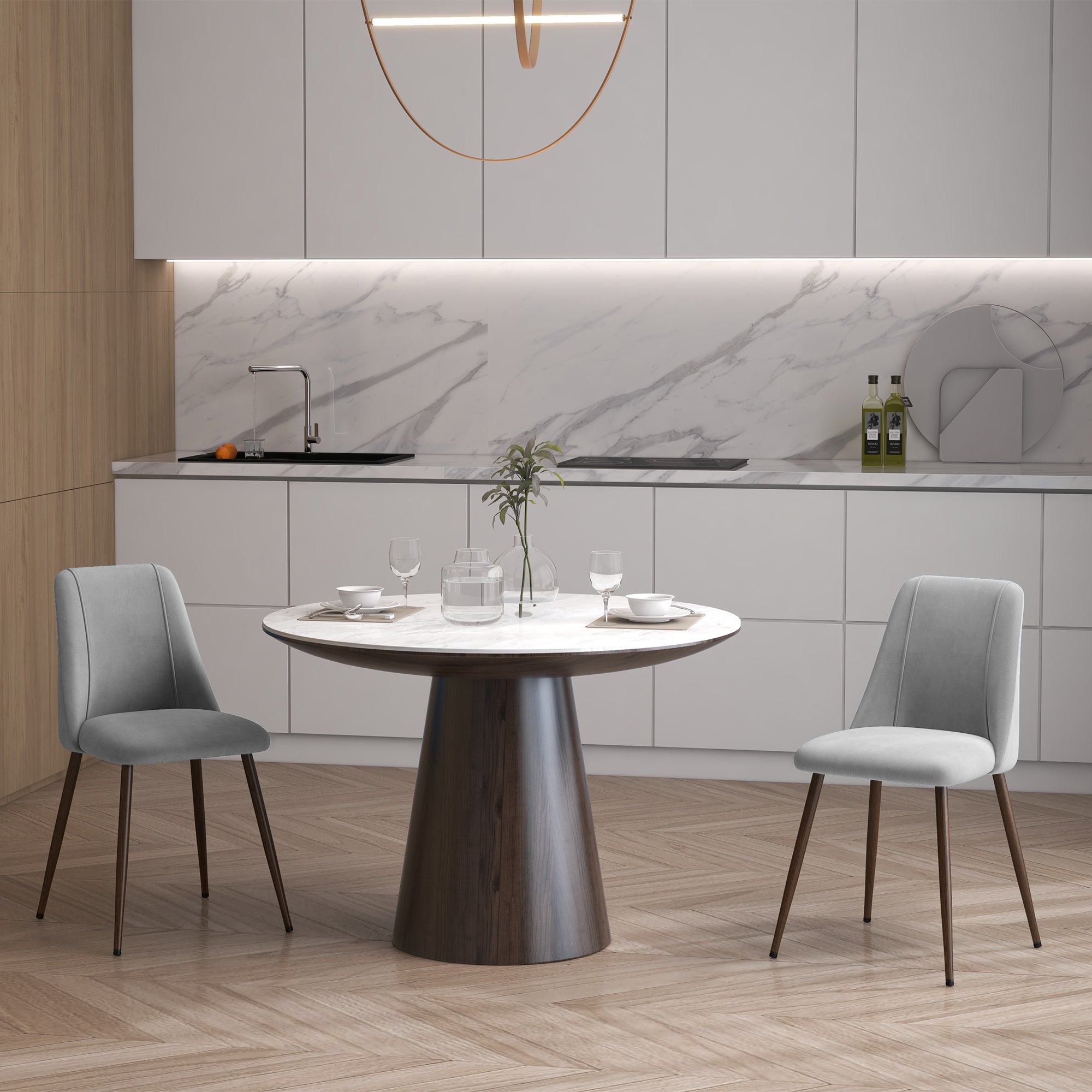 HOMCOM Dining Chairs Set of 4, Modern Kitchen Chairs with Velvet-touch Upholstery, Curved Back and Wood-grain Steel Legs, Accent Chairs for Living Room, Bedroom, Grey