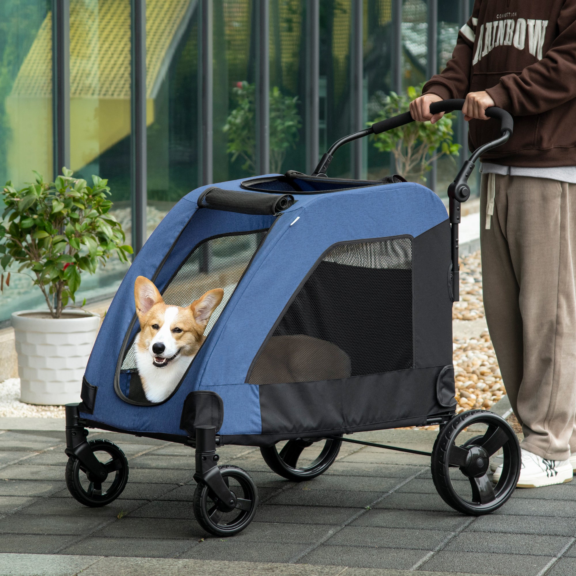 PawHut Dog Stroller for Medium and Large Dogs, 4 Wheels Folding Pet Cat Stroller With Universal Wheels, Storage Basket, safety leash, Blue
