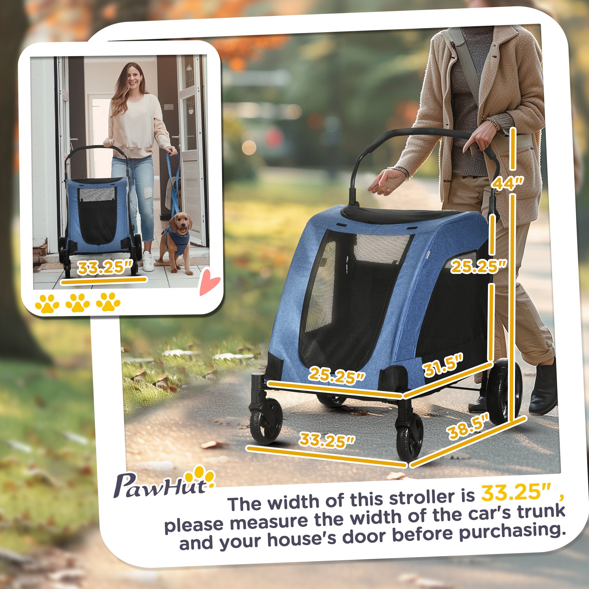PawHut Dog Stroller for Medium and Large Dogs, 4 Wheels Folding Pet Cat Stroller With Universal Wheels, Storage Basket, safety leash, Blue