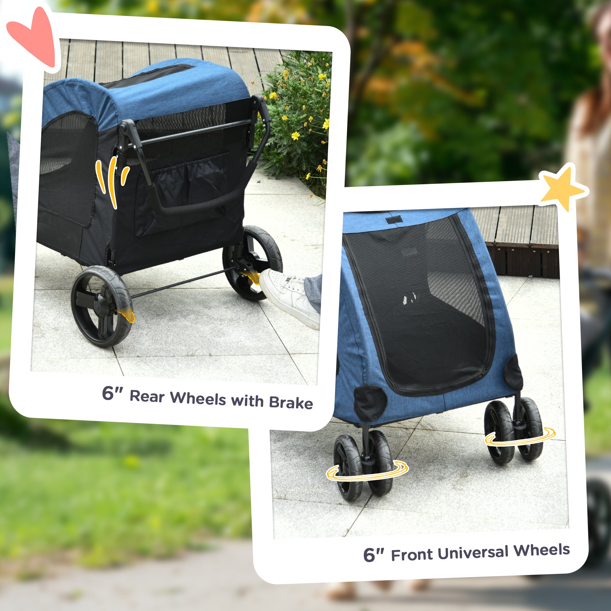 PawHut Dog Stroller for Medium and Large Dogs, 4 Wheels Folding Pet Cat Stroller With Universal Wheels, Storage Basket, safety leash, Blue