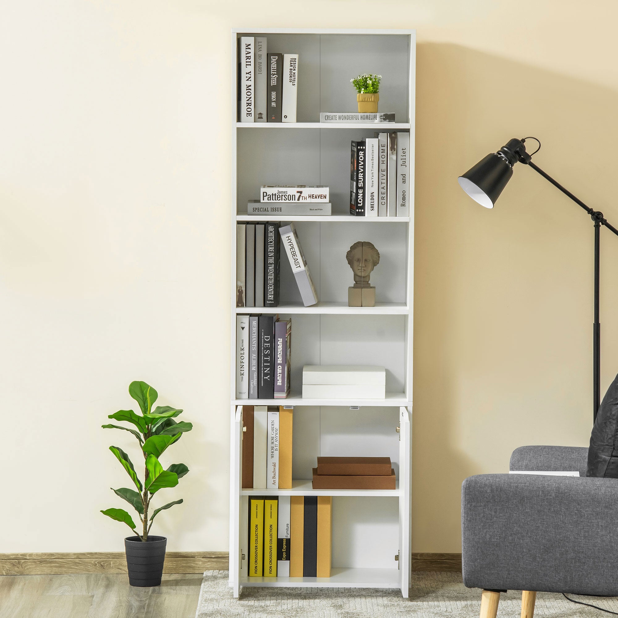 HOMCOM 4-Tier Bookcase, Tall Storage Bookshelf with Double Door Cabinet, Modern Display Shelves for Home Office, Living Room, Bathroom, Study, White