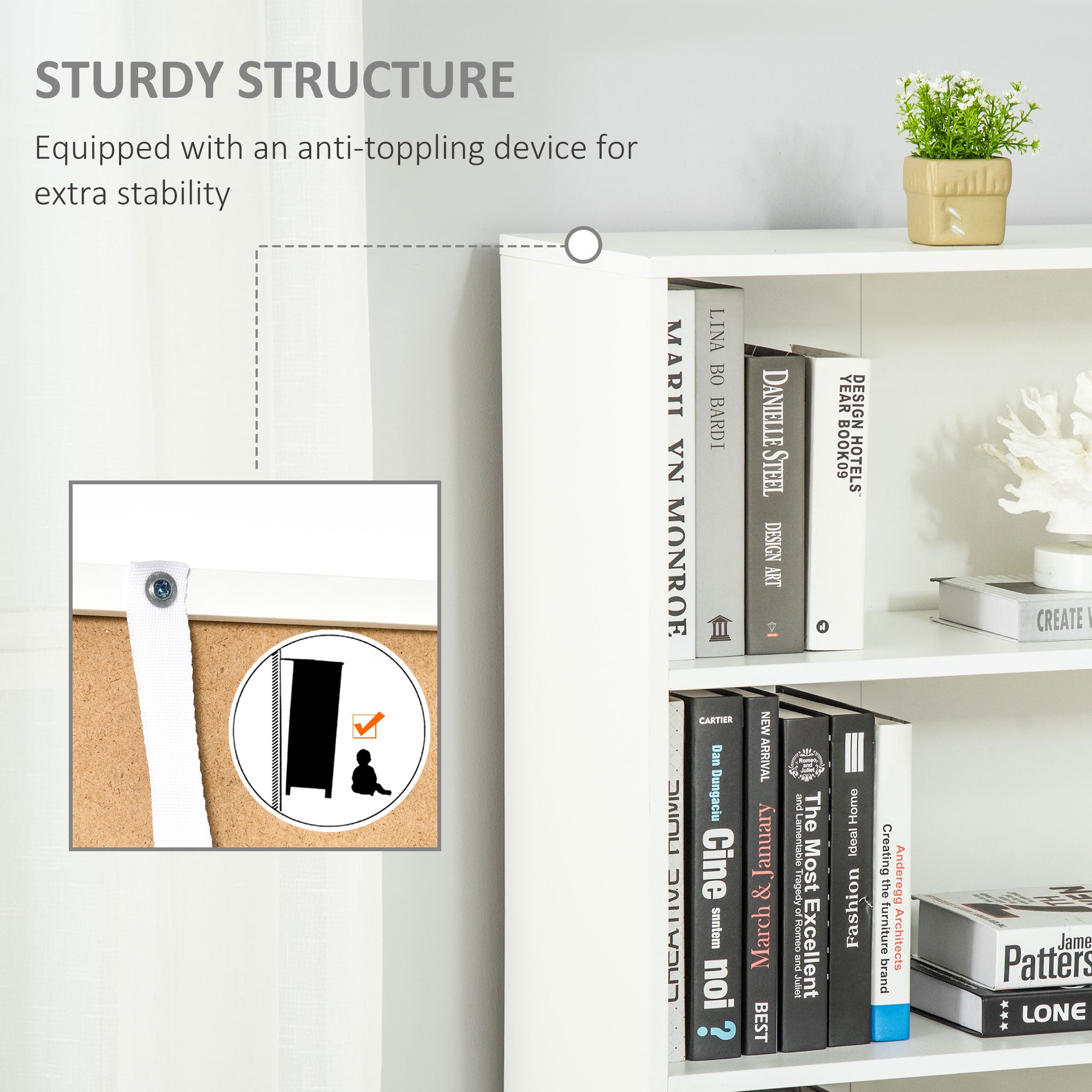 HOMCOM 4-Tier Bookcase, Tall Storage Bookshelf with Double Door Cabinet, Modern Display Shelves for Home Office, Living Room, Bathroom, Study, White