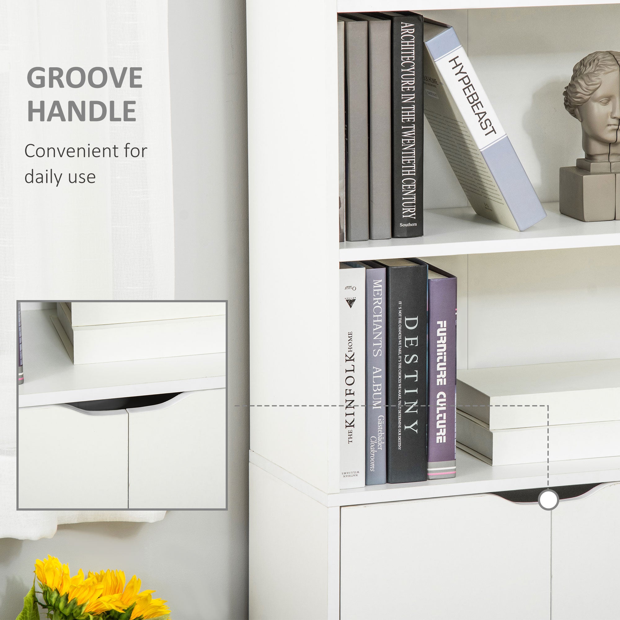 HOMCOM 4-Tier Bookcase, Tall Storage Bookshelf with Double Door Cabinet, Modern Display Shelves for Home Office, Living Room, Bathroom, Study, White