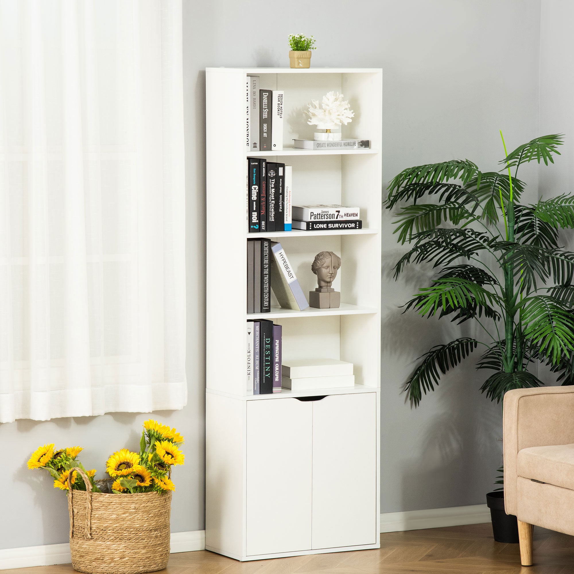 HOMCOM 4-Tier Bookcase, Tall Storage Bookshelf with Double Door Cabinet, Modern Display Shelves for Home Office, Living Room, Bathroom, Study, White
