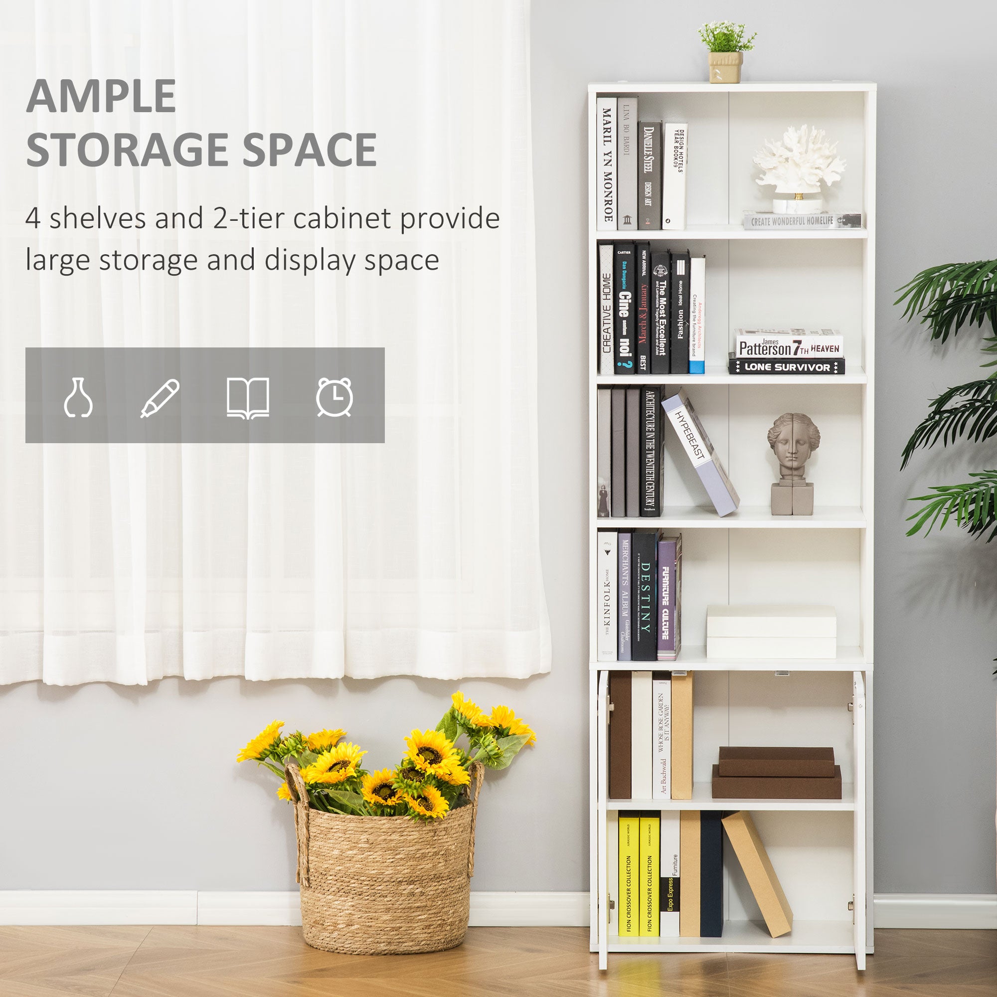 HOMCOM 4-Tier Bookcase, Tall Storage Bookshelf with Double Door Cabinet, Modern Display Shelves for Home Office, Living Room, Bathroom, Study, White