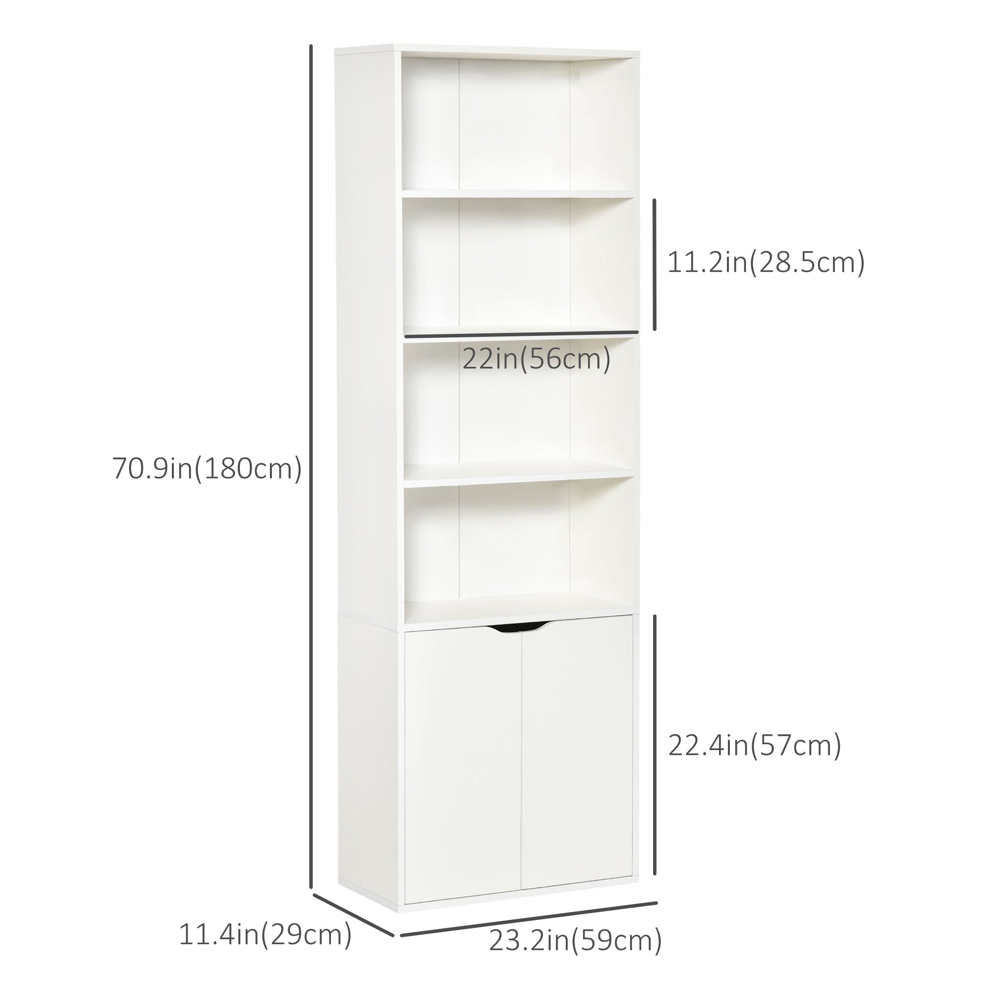 HOMCOM 4-Tier Bookcase, Tall Storage Bookshelf with Double Door Cabinet, Modern Display Shelves for Home Office, Living Room, Bathroom, Study, White