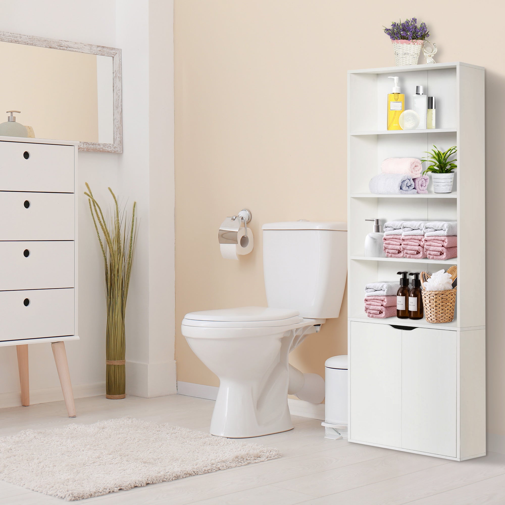 HOMCOM 4-Tier Bookcase, Tall Storage Bookshelf with Double Door Cabinet, Modern Display Shelves for Home Office, Living Room, Bathroom, Study, White