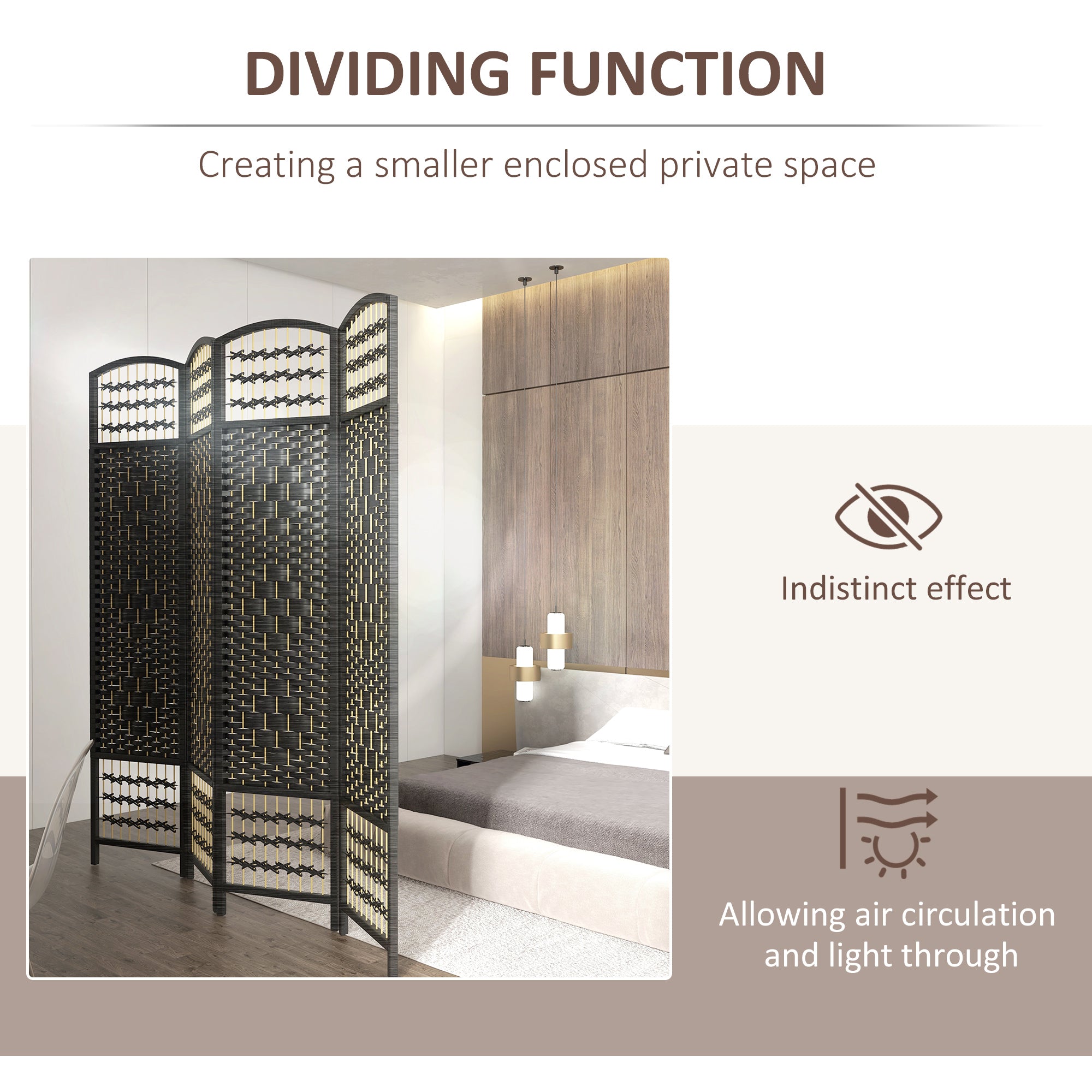 HOMCOM 4 Panel Room Divider, 5.6 ft Tall Folding Privacy Screen, Wave Fiber Freestanding Partition Wall Divider for Home Office, Black