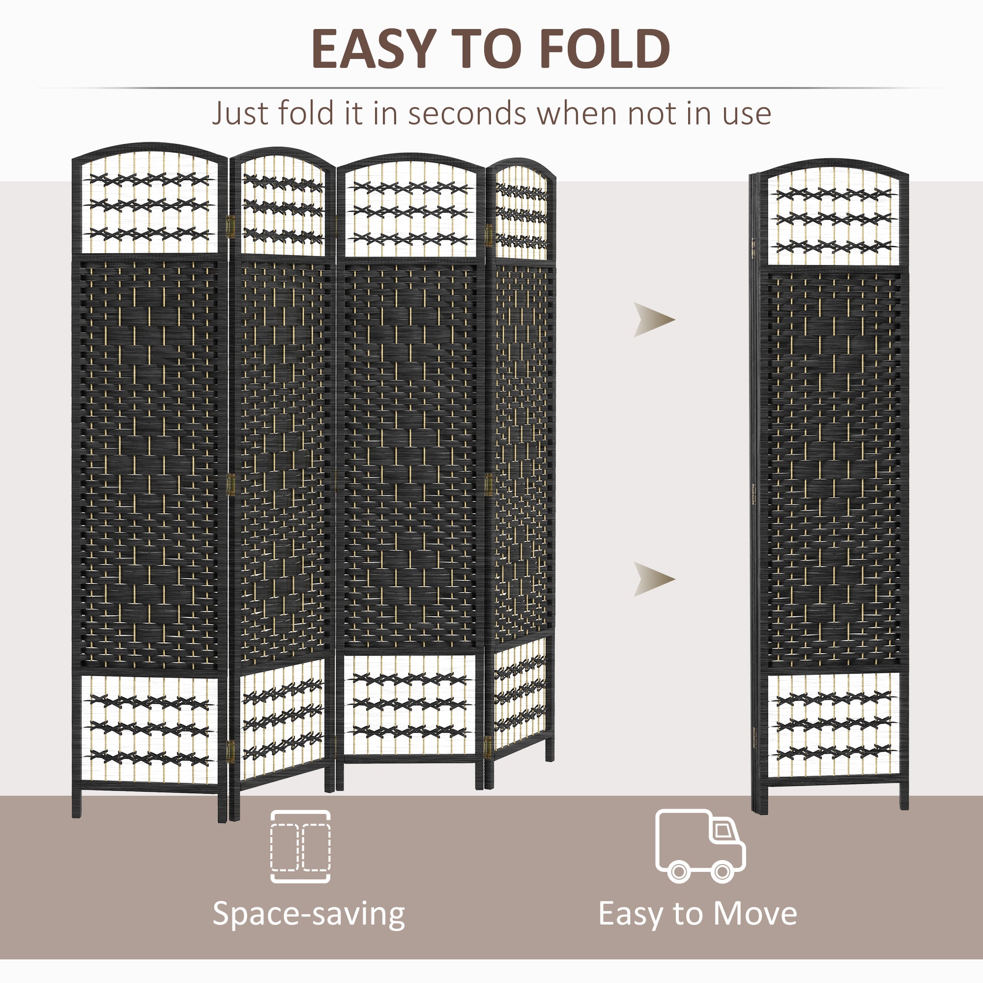 HOMCOM 4 Panel Room Divider, 5.6 ft Tall Folding Privacy Screen, Wave Fiber Freestanding Partition Wall Divider for Home Office, Black