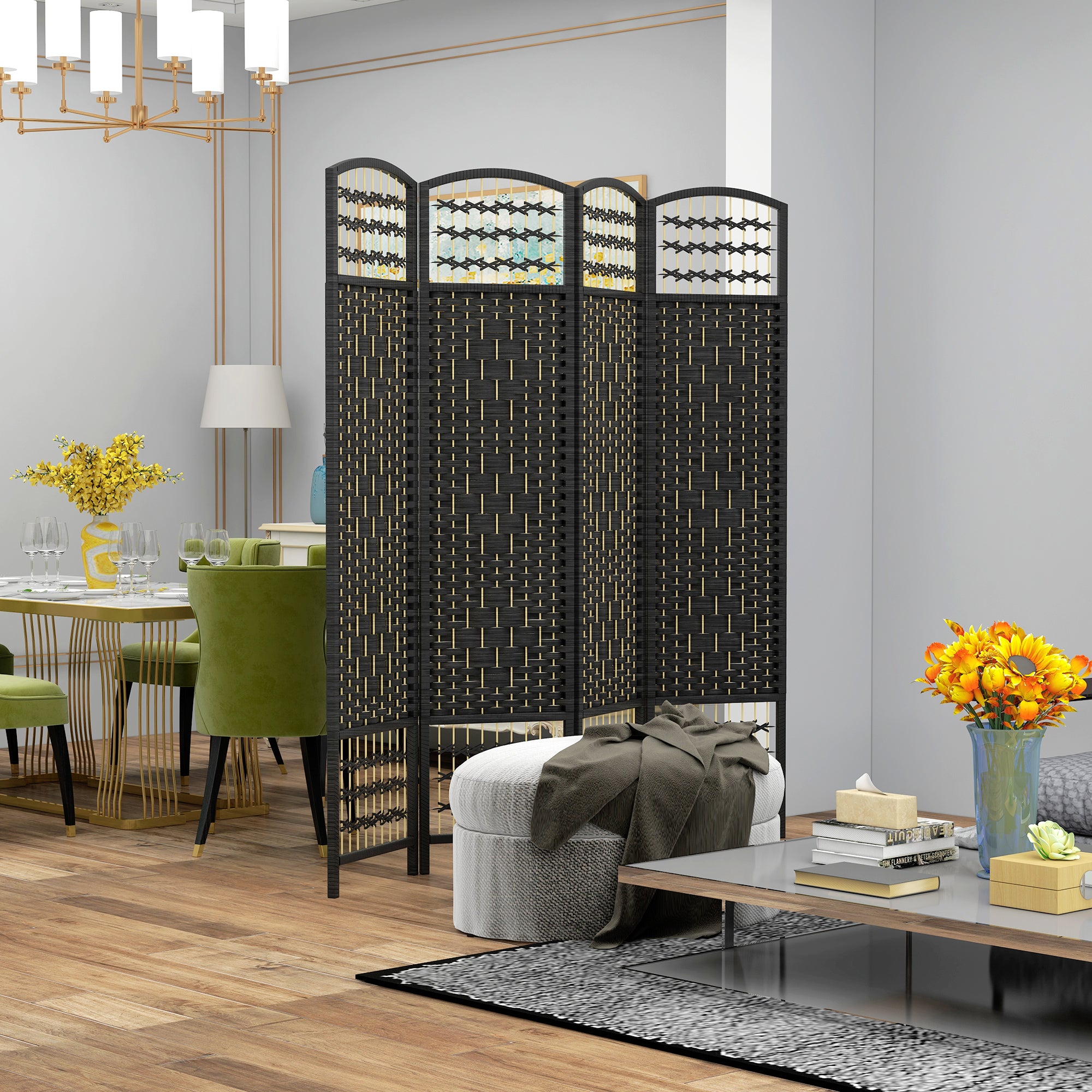 HOMCOM 4 Panel Room Divider, 5.6 ft Tall Folding Privacy Screen, Wave Fiber Freestanding Partition Wall Divider for Home Office, Black