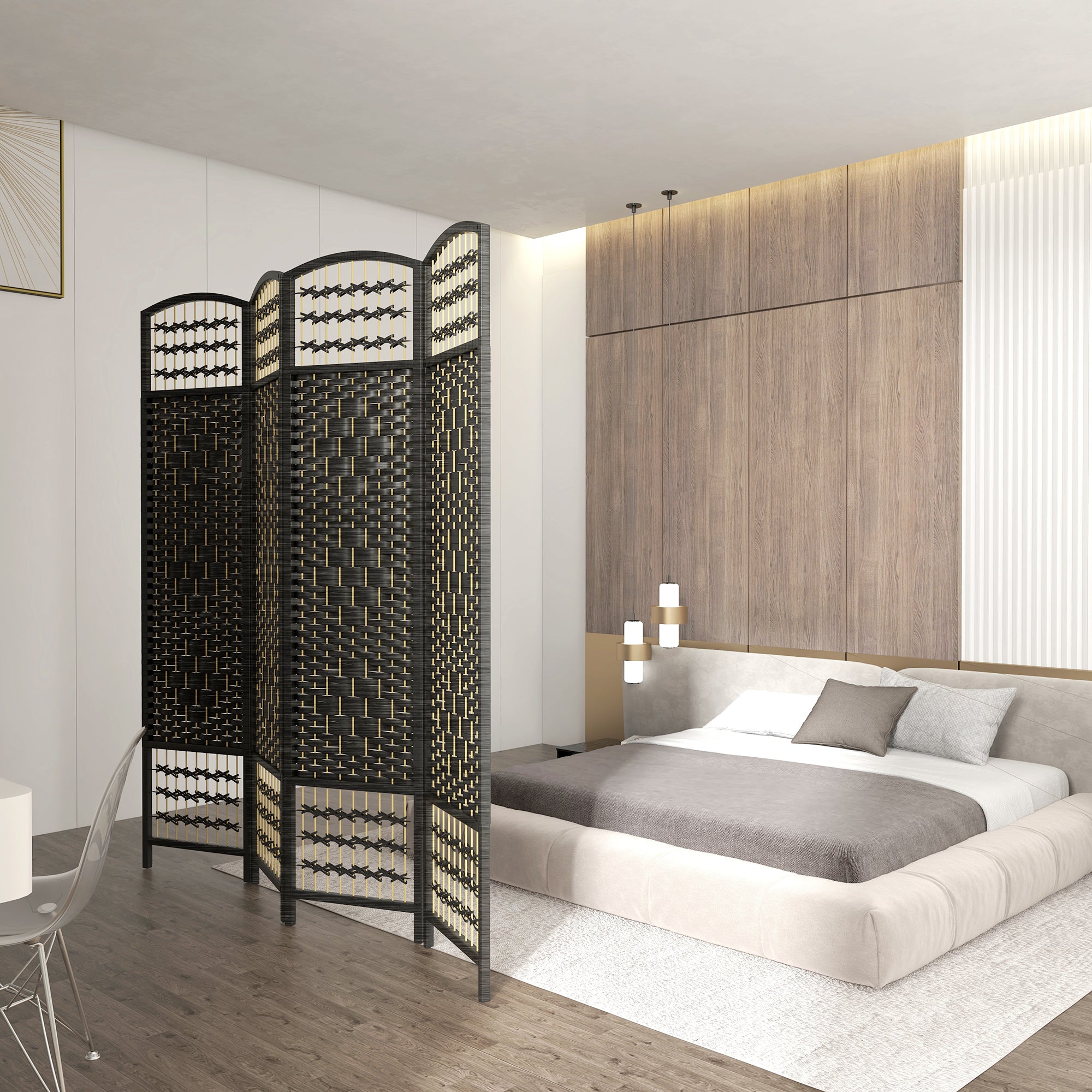 HOMCOM 4 Panel Room Divider, 5.6 ft Tall Folding Privacy Screen, Wave Fiber Freestanding Partition Wall Divider for Home Office, Black