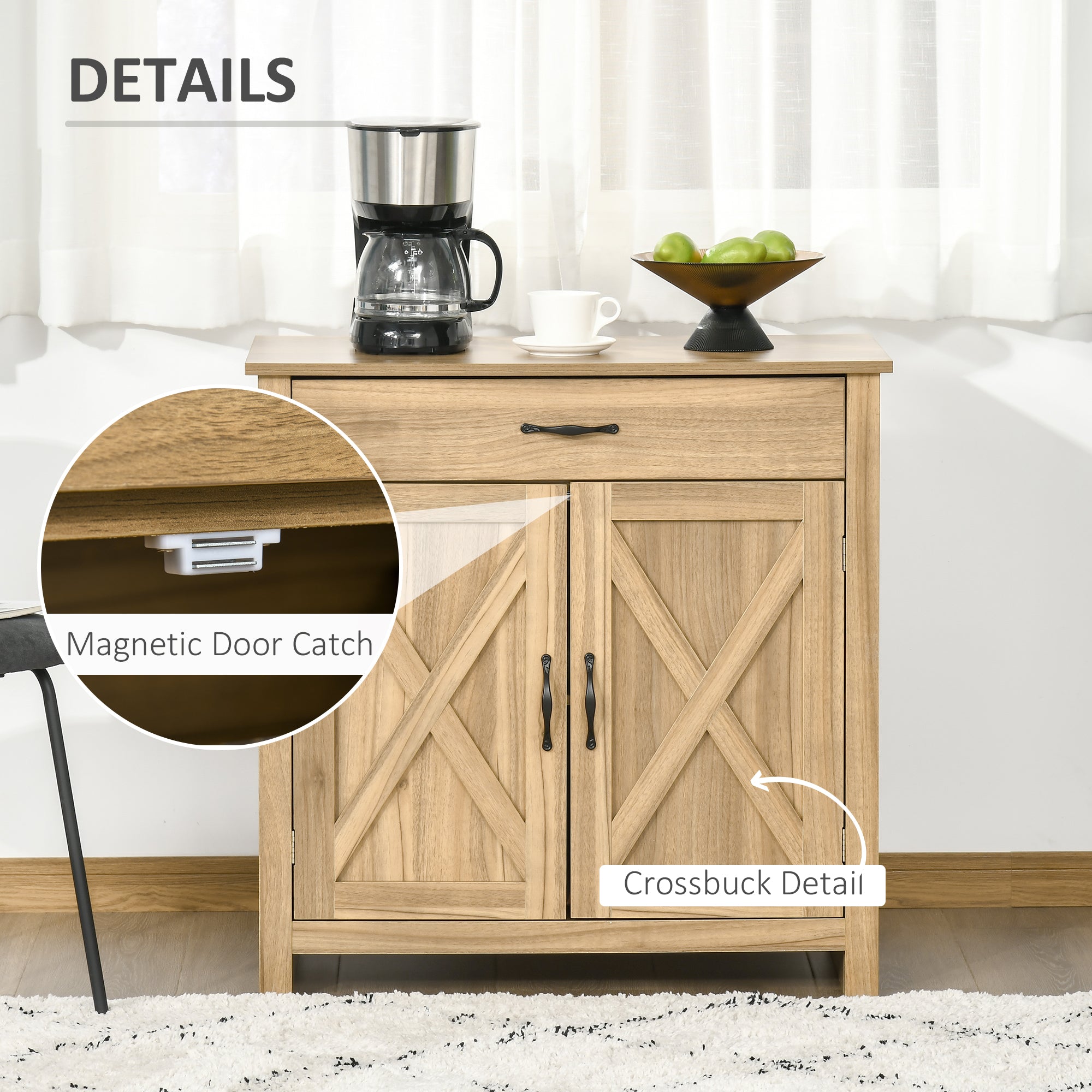 HOMCOM Farmhouse Barn Door Sideboard Accent Buffet Storage Cabinet Coffee Bar for Living Room, Entryway, Natural Wood Effect