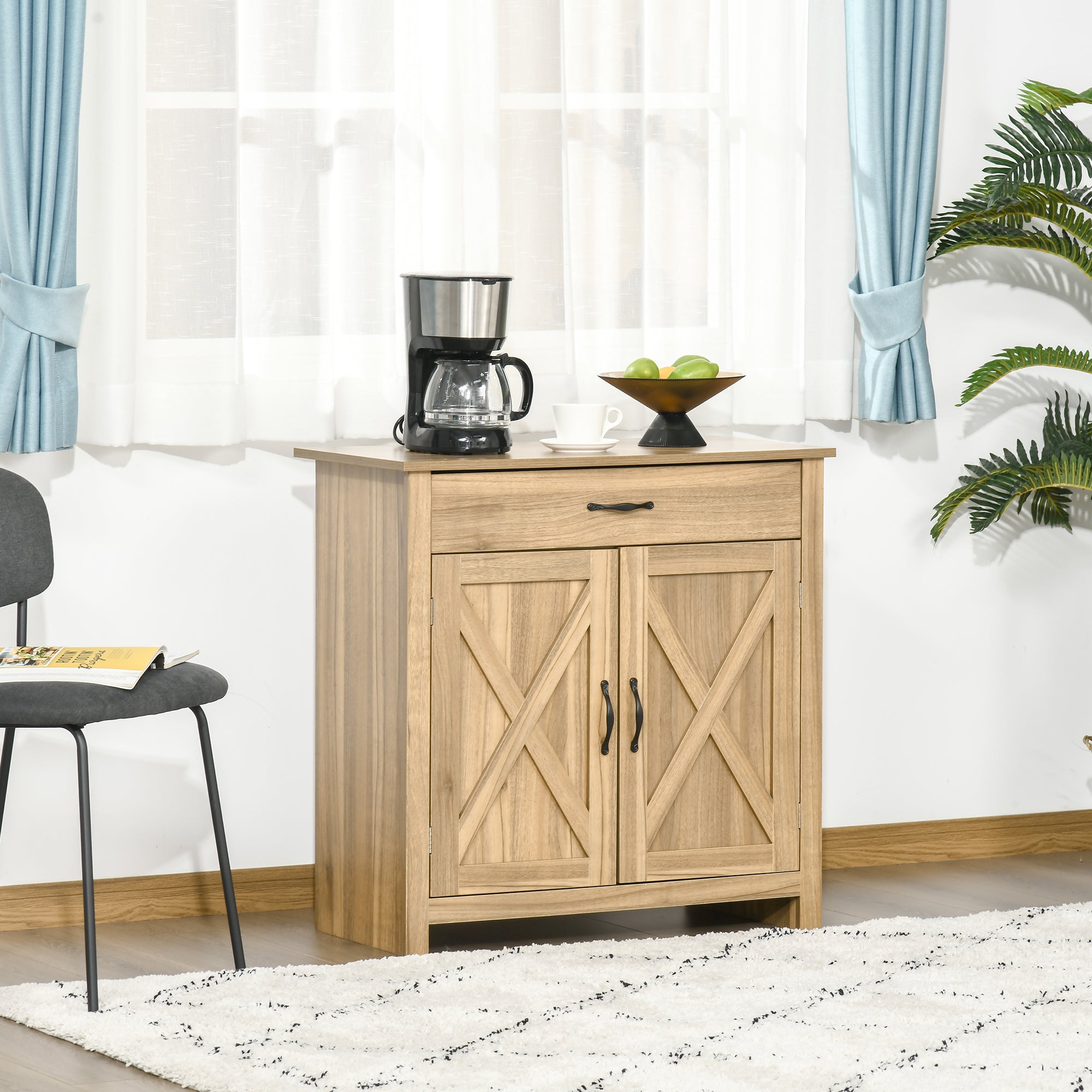 HOMCOM Farmhouse Barn Door Sideboard Accent Buffet Storage Cabinet Coffee Bar for Living Room, Entryway, Natural Wood Effect