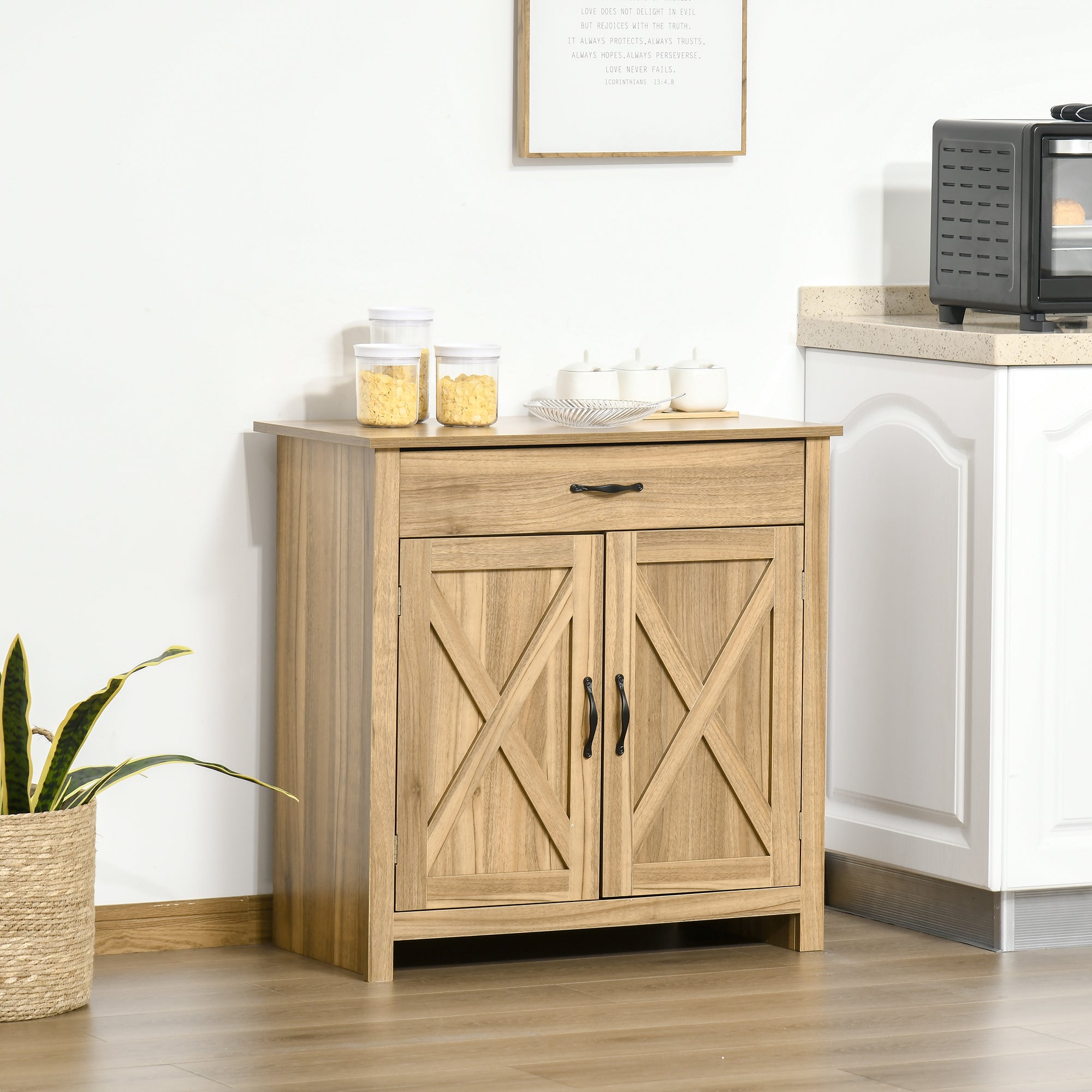 HOMCOM Farmhouse Barn Door Sideboard Accent Buffet Storage Cabinet Coffee Bar for Living Room, Entryway, Natural Wood Effect