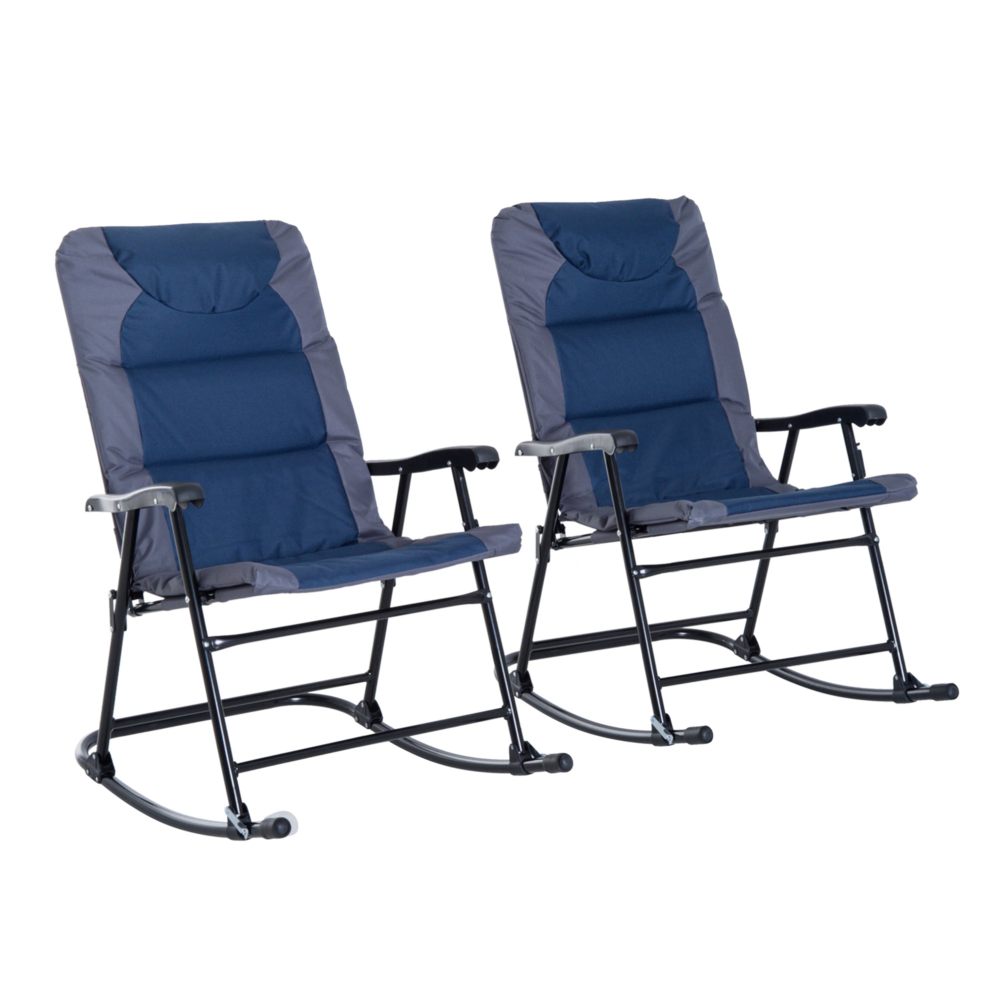 Outsunny 2pc Patio Foldable Rocking Chair Set w/ Soft Padded Seat, Backrest, and Headrest for park, backyard, garden, Navy Blue