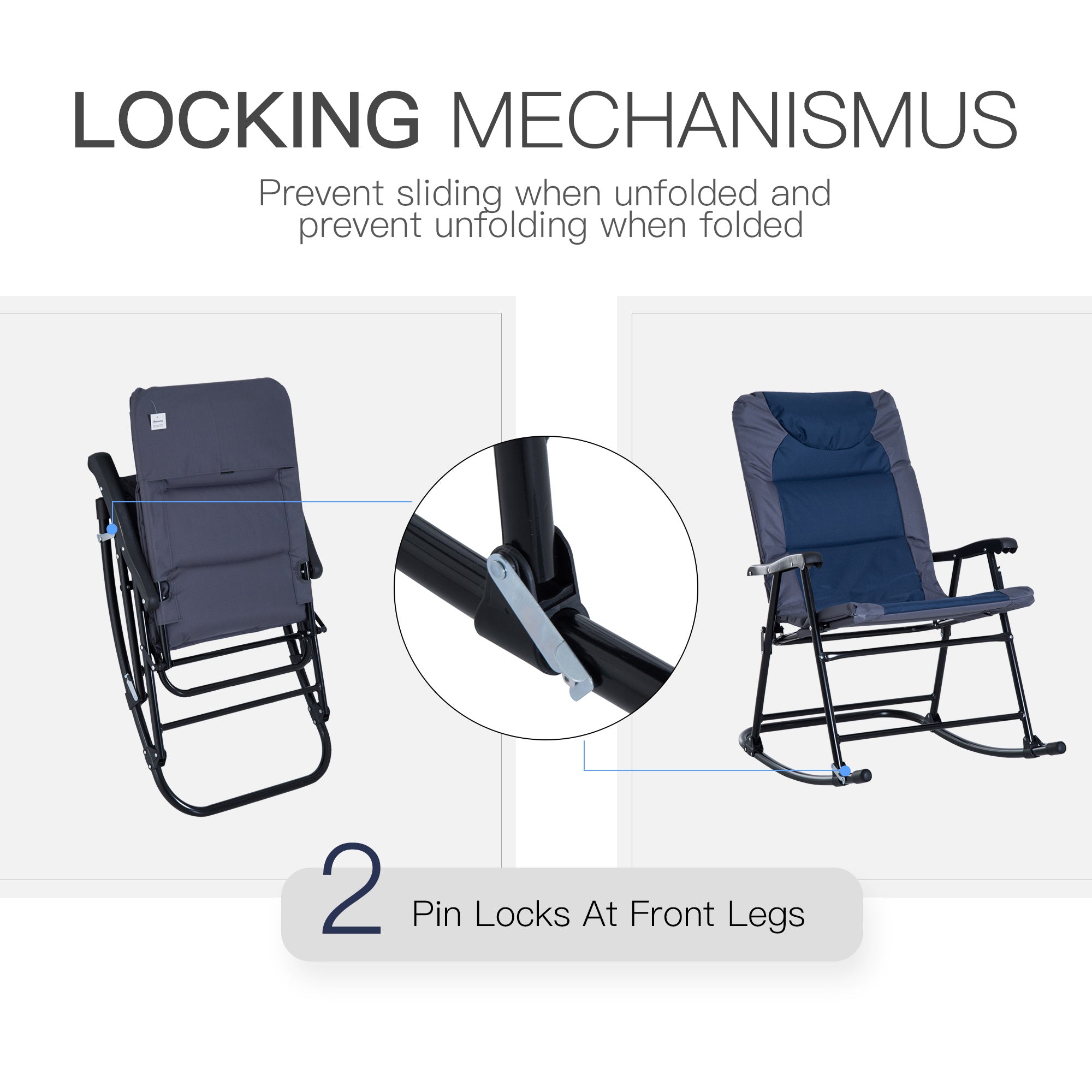 Outsunny 2pc Patio Foldable Rocking Chair Set w/ Soft Padded Seat, Backrest, and Headrest for park, backyard, garden, Navy Blue