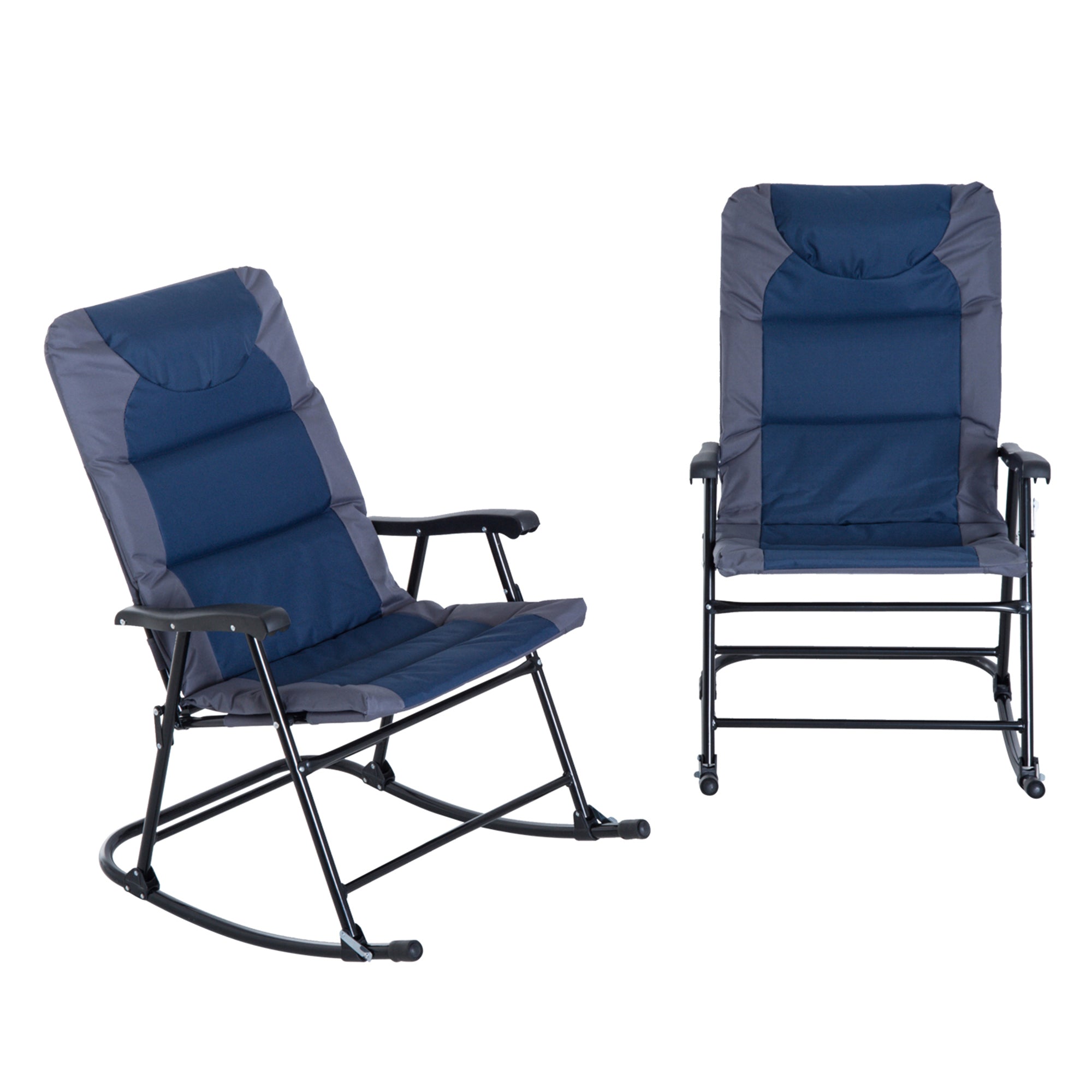Outsunny 2pc Patio Foldable Rocking Chair Set w/ Soft Padded Seat, Backrest, and Headrest for park, backyard, garden, Navy Blue