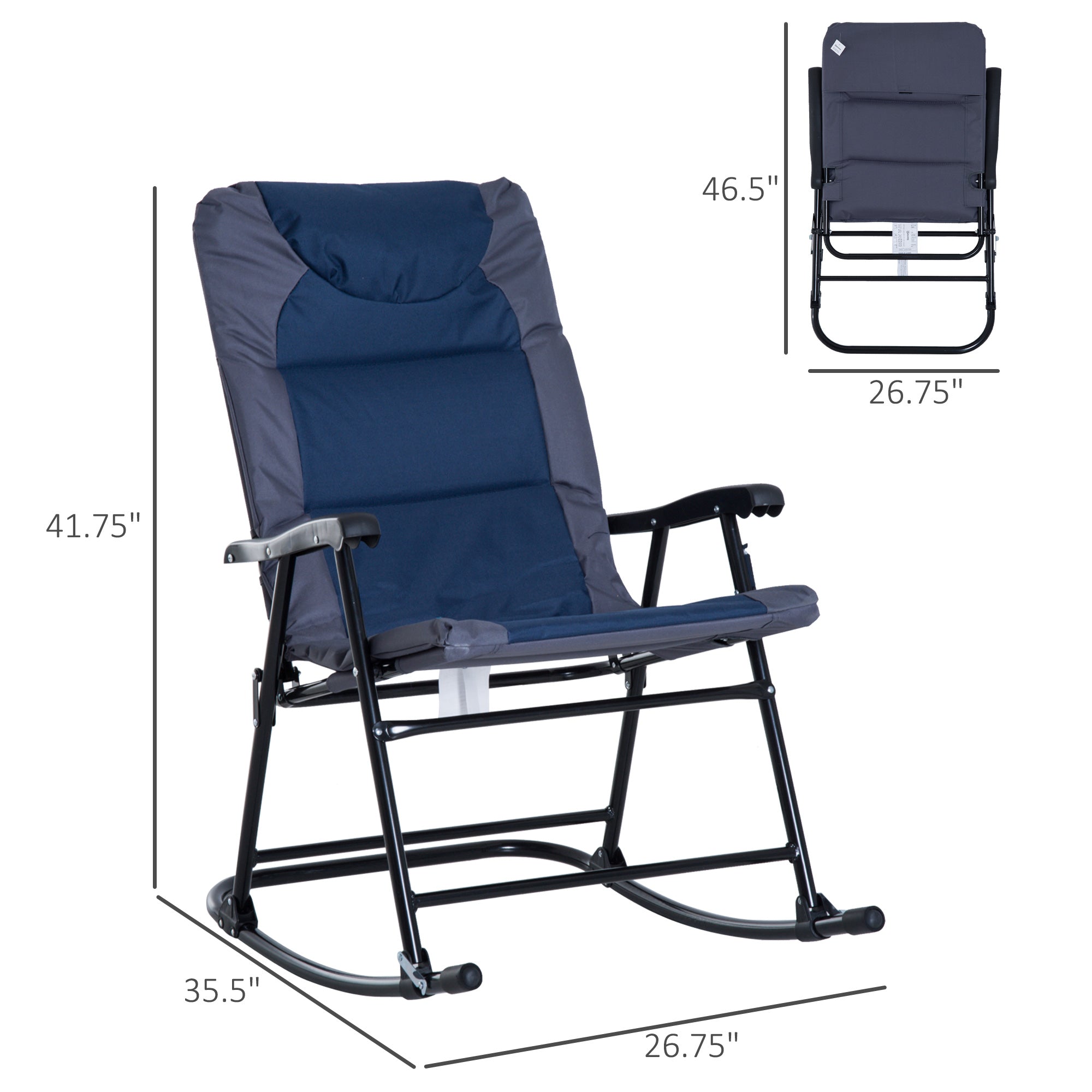 Outsunny 2pc Patio Foldable Rocking Chair Set w/ Soft Padded Seat, Backrest, and Headrest for park, backyard, garden, Navy Blue