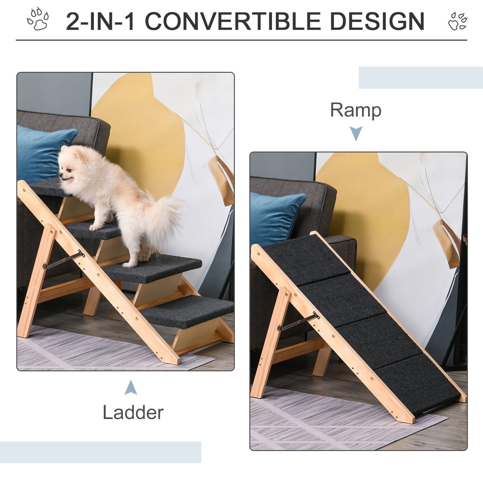 PawHut Wood Pet Stairs 2 In 1 Convertible Dog Steps and Carpeted Ramp Portable Foldable 4 Level Cat Ladder for High Bed Couch Car