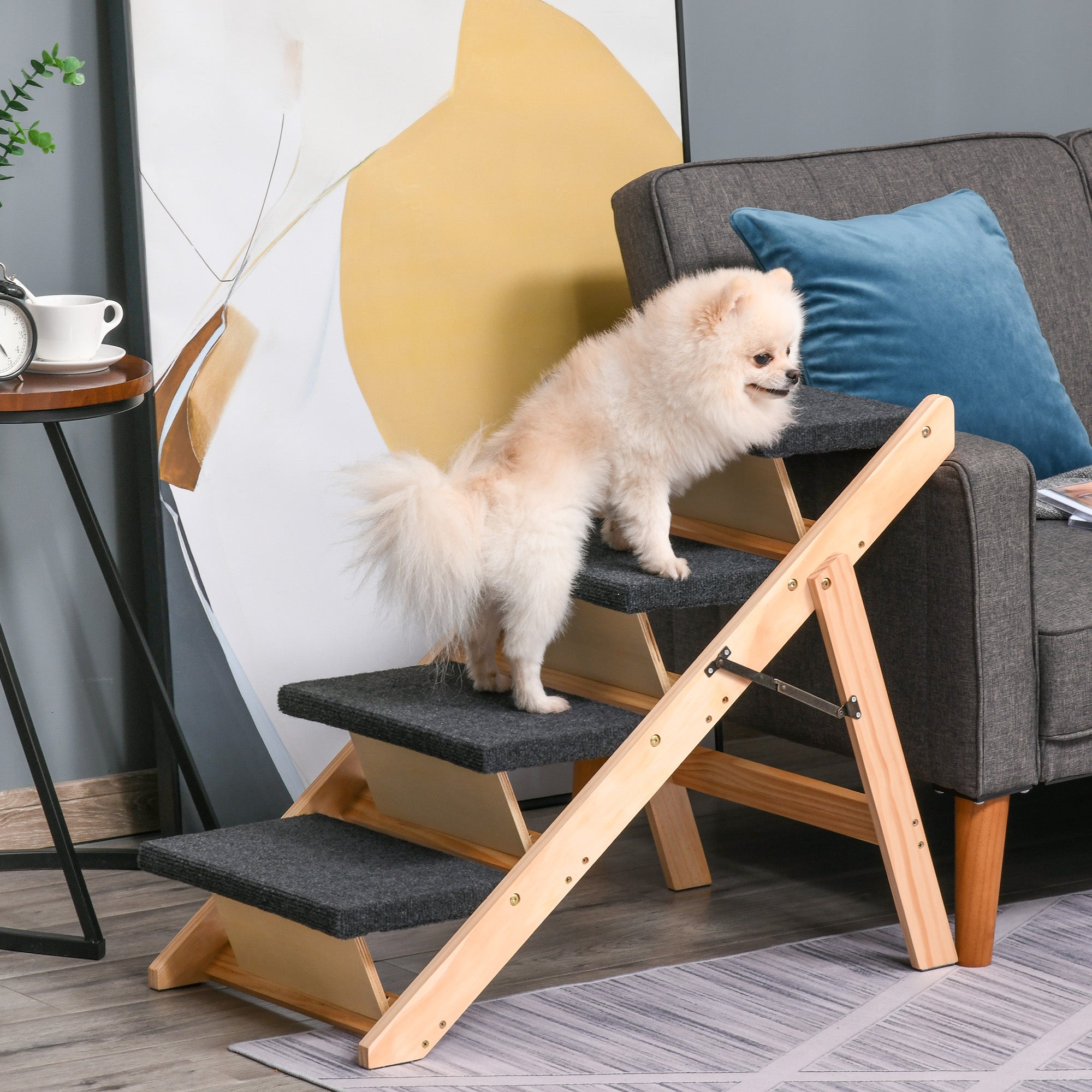 PawHut Dog Steps Pet Stairs 2 In 1 Convertible Dog Ramp Portable Foldable 4 Steps Cat Ladder for Bed Couch Car 80 x 47 x 64 cm
