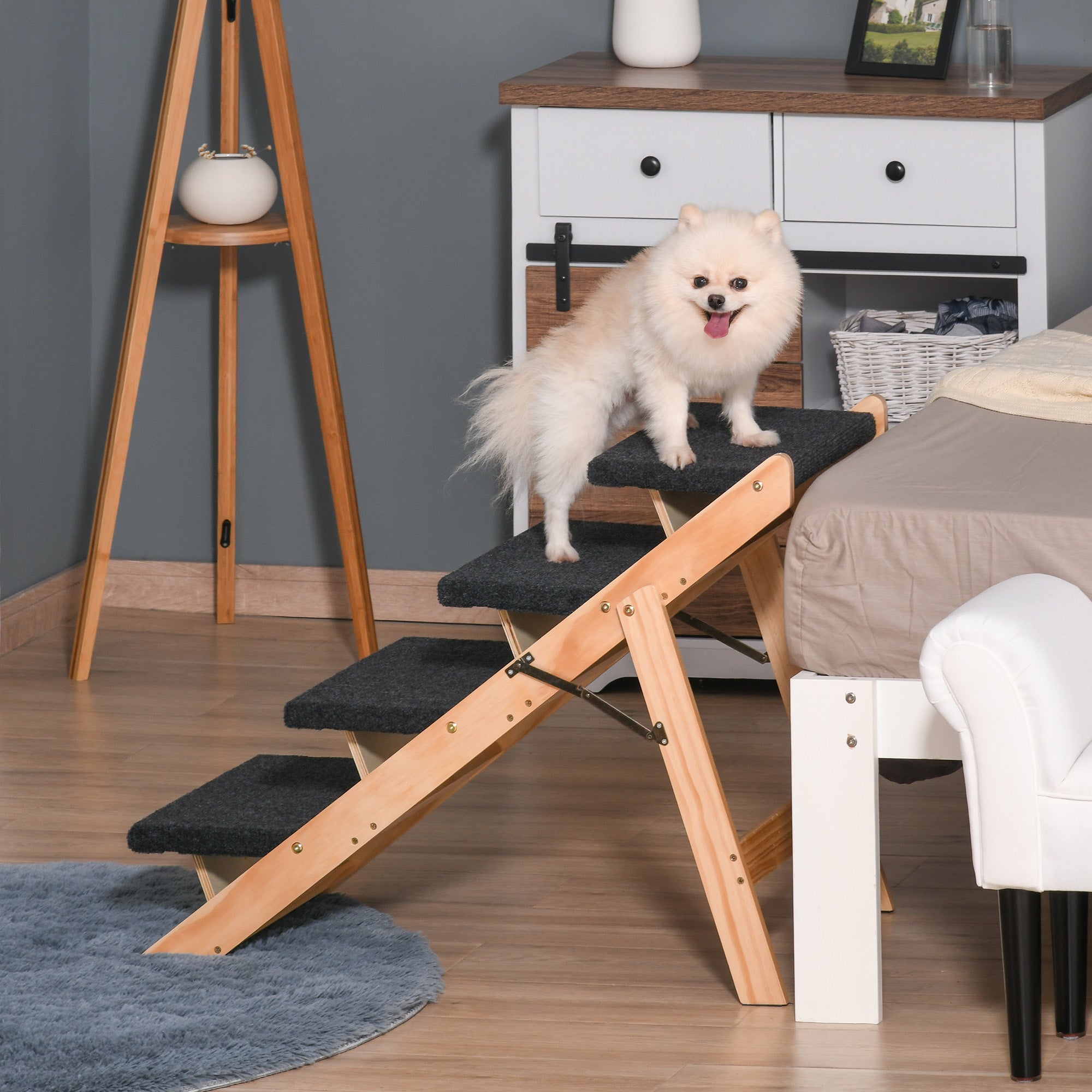 PawHut Wood Pet Stairs 2 In 1 Convertible Dog Steps and Carpeted Ramp Portable Foldable 4 Level Cat Ladder for High Bed Couch Car