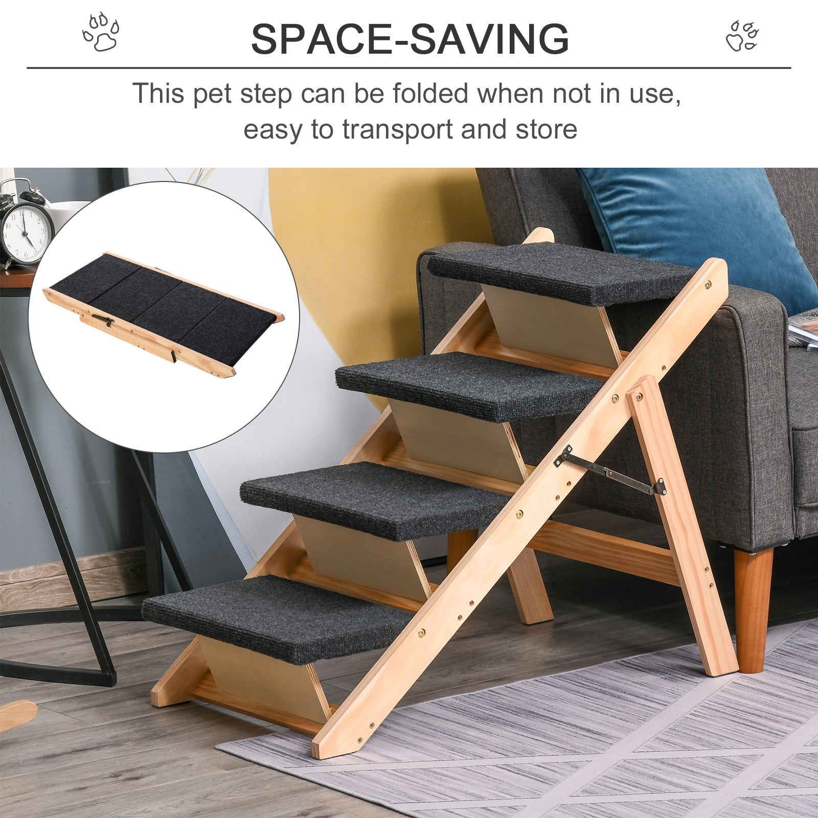 PawHut Wood Pet Stairs 2 In 1 Convertible Dog Steps and Carpeted Ramp Portable Foldable 4 Level Cat Ladder for High Bed Couch Car