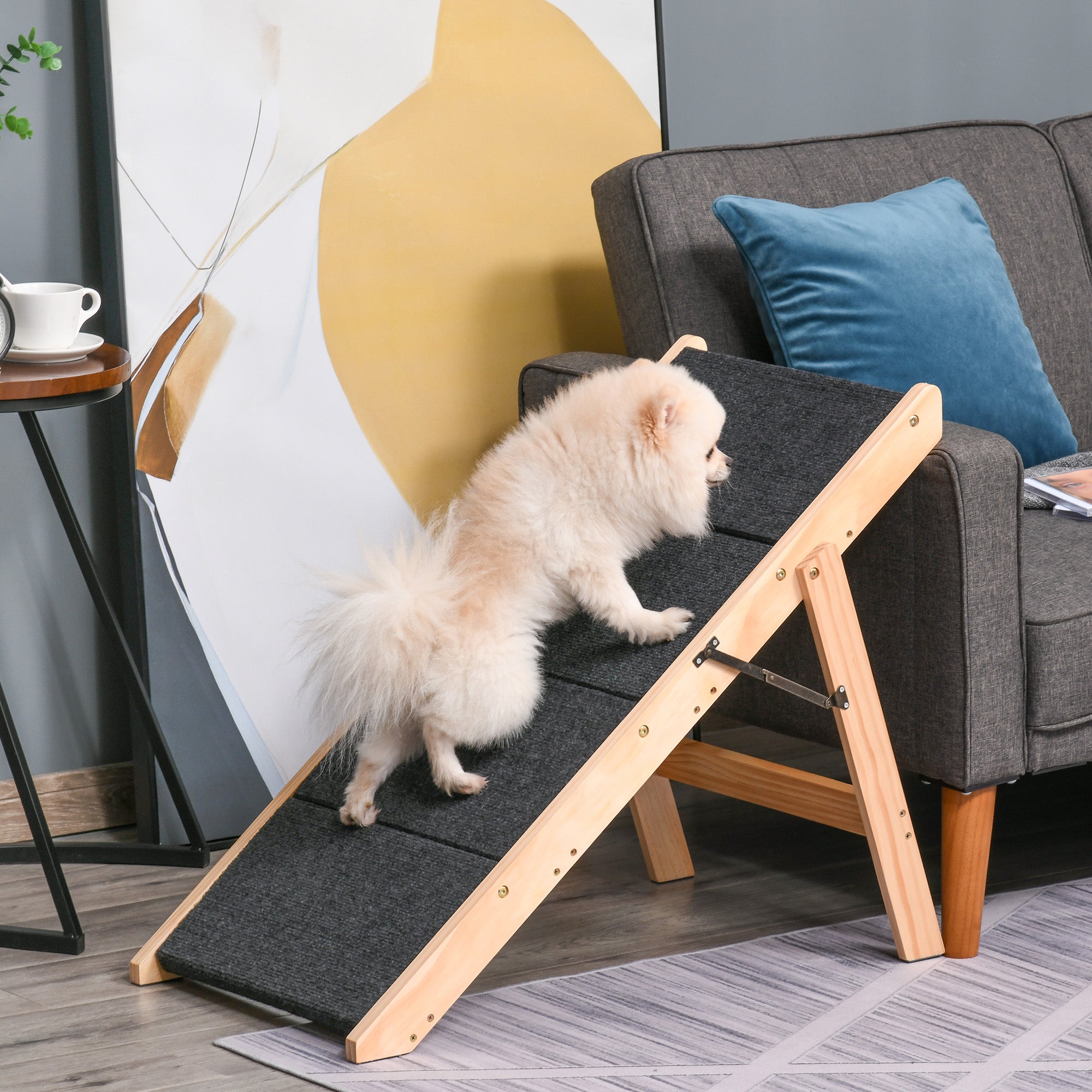 PawHut Wood Pet Stairs 2 In 1 Convertible Dog Steps and Carpeted Ramp Portable Foldable 4 Level Cat Ladder for High Bed Couch Car