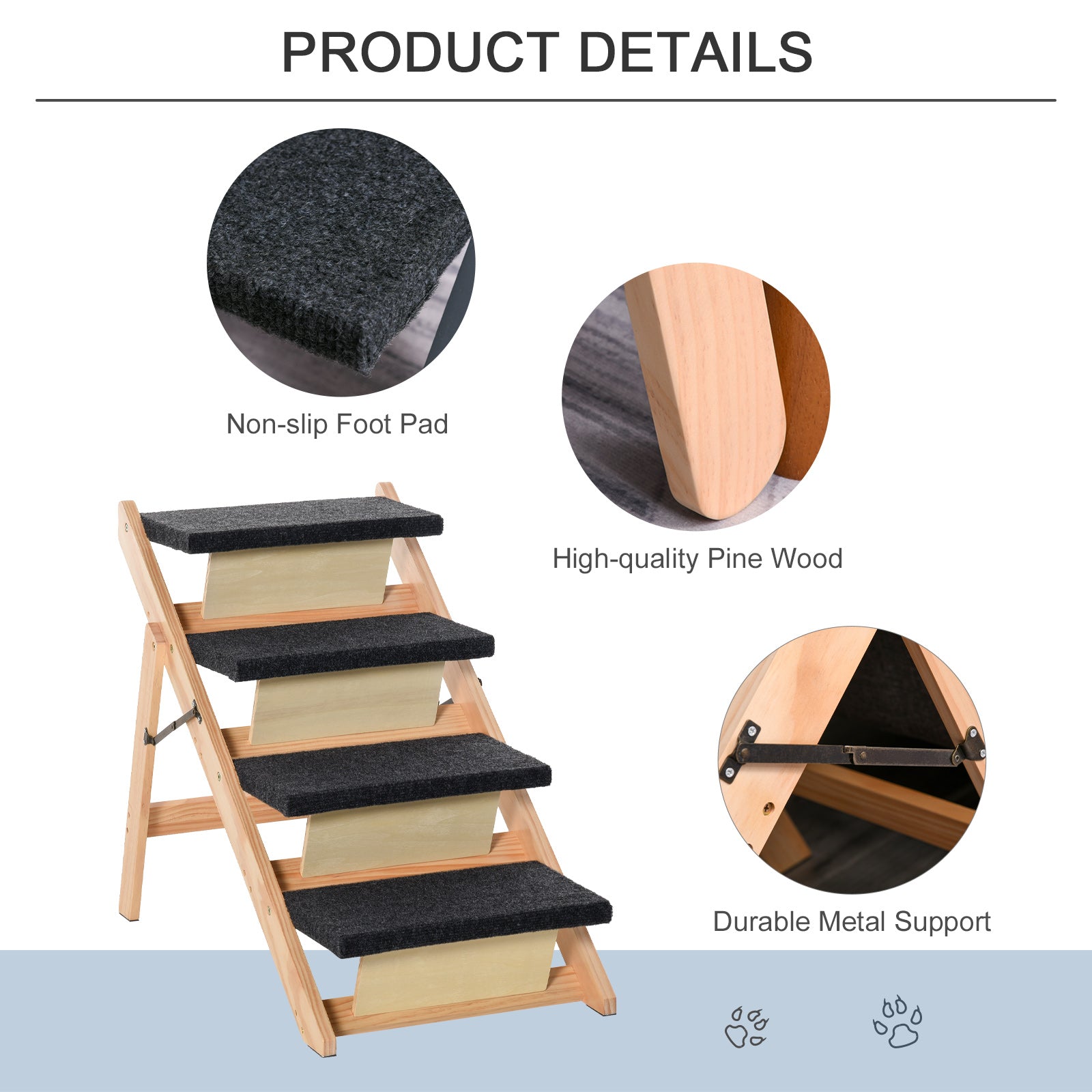 PawHut Wood Pet Stairs 2 In 1 Convertible Dog Steps and Carpeted Ramp Portable Foldable 4 Level Cat Ladder for High Bed Couch Car