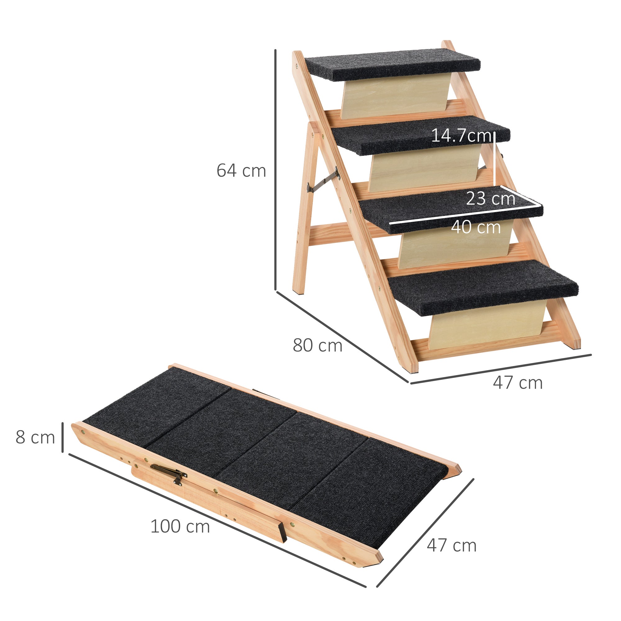 PawHut Dog Steps Pet Stairs 2 In 1 Convertible Dog Ramp Portable Foldable 4 Steps Cat Ladder for Bed Couch Car 80 x 47 x 64 cm